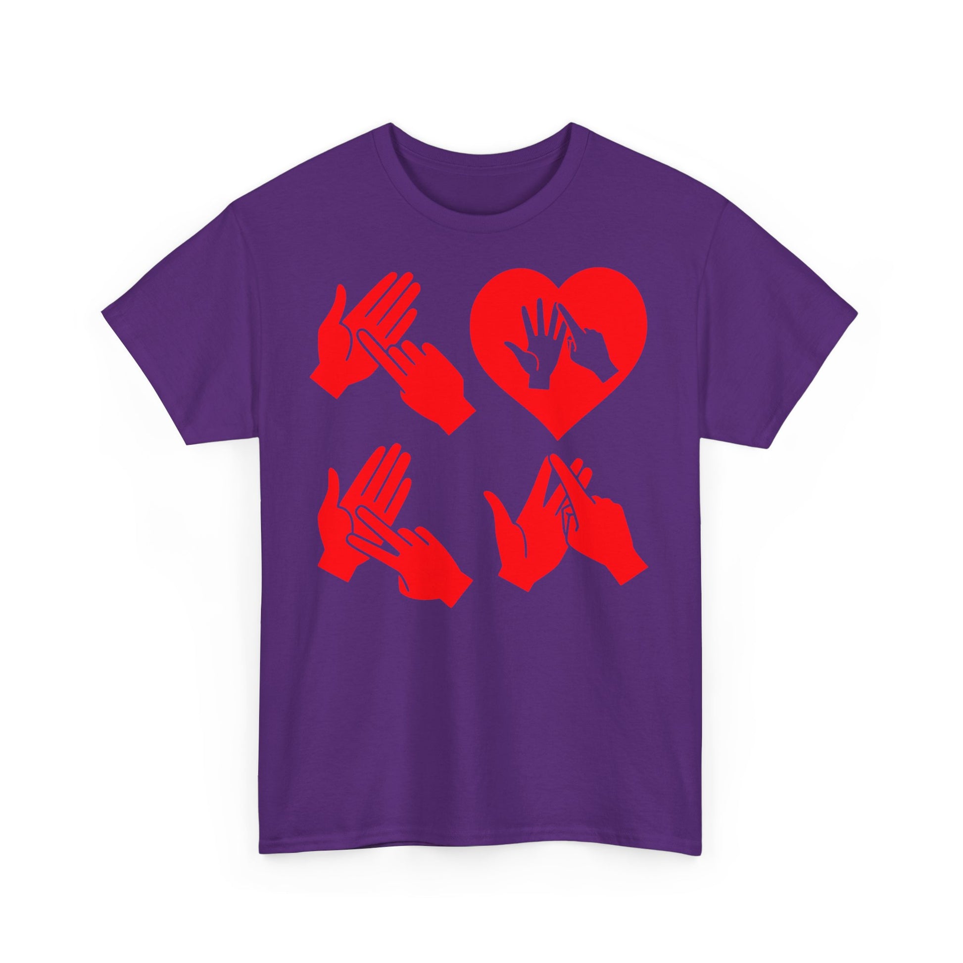 Front view of a purple T-Shirt with the word Love in red BSL Fingerspelling with the 'O' embedded in a heart shape