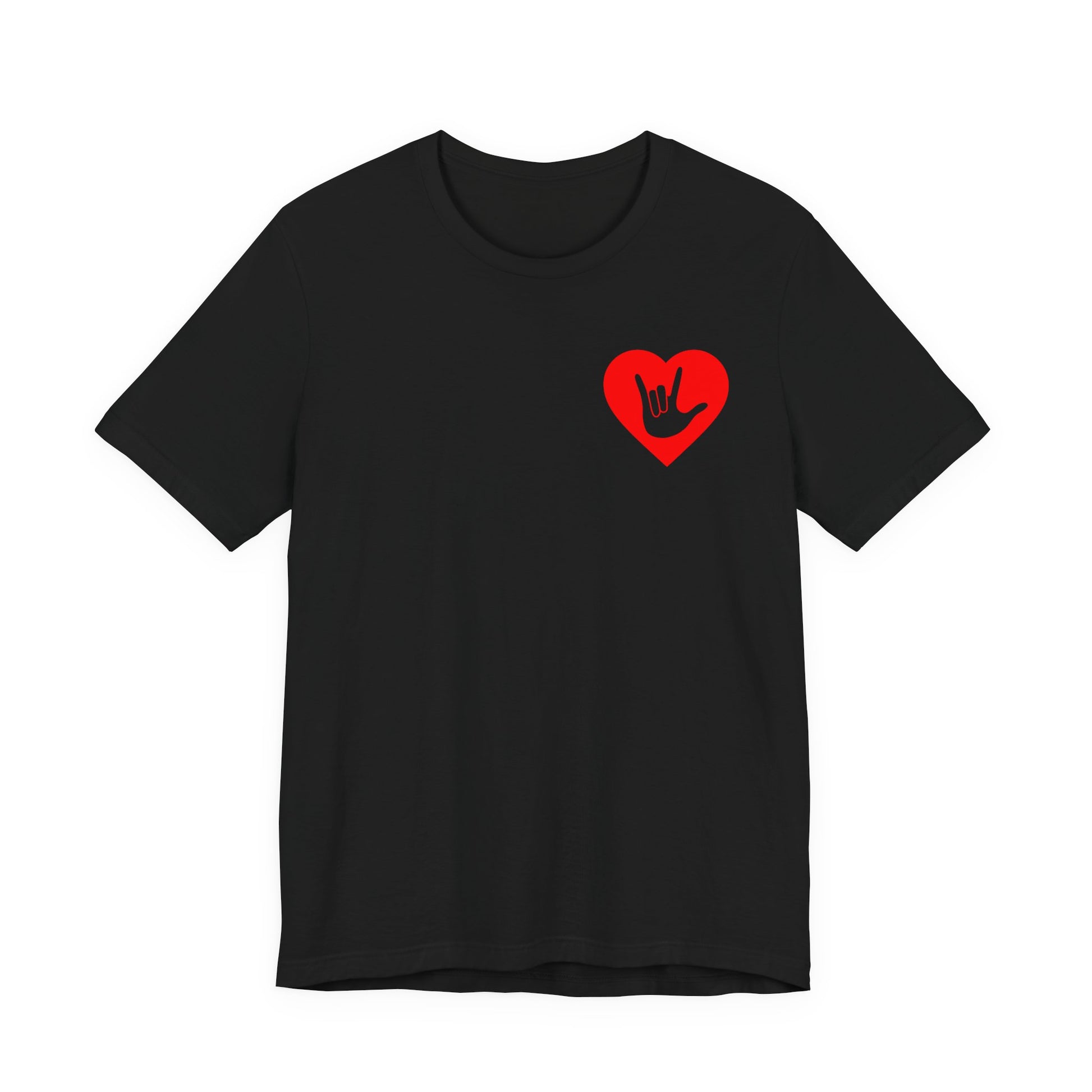 Front view of a black T-Shirt showing a red coloured heart and the iconic ASL I Love You sign embedded in it on the left side of the chest