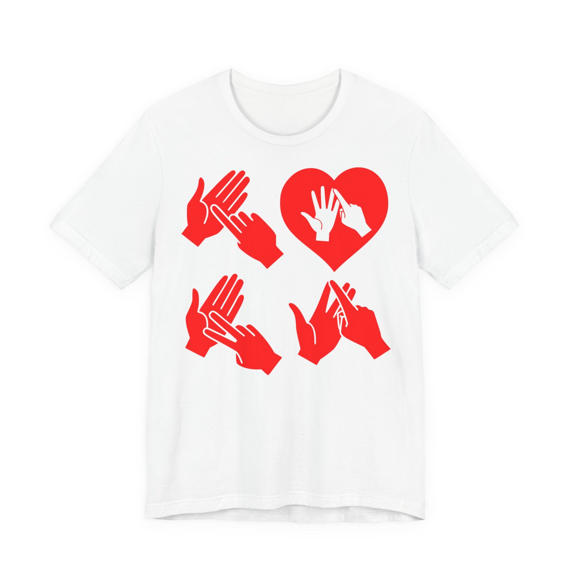 Front view of a white T-Shirt with the word Love in red BSL Fingerspelling with the 'O' embedded in a heart shape