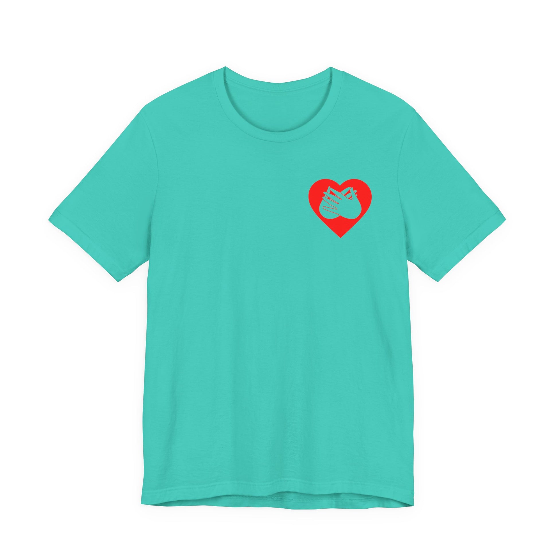Front view of a teal T-Shirt showing a red coloured heart and the iconic BSL Love sign embedded in it on the left side of the chest