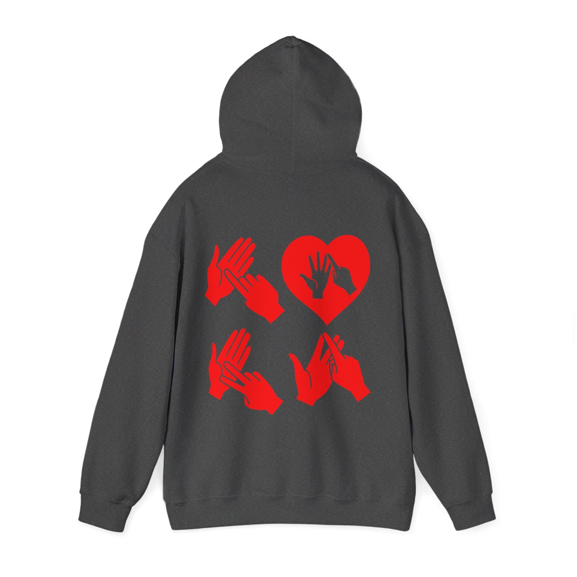 Back view of a dark heather hoodie with the word Love in red BSL Fingerspelling with the 'O' embedded in a heart shape