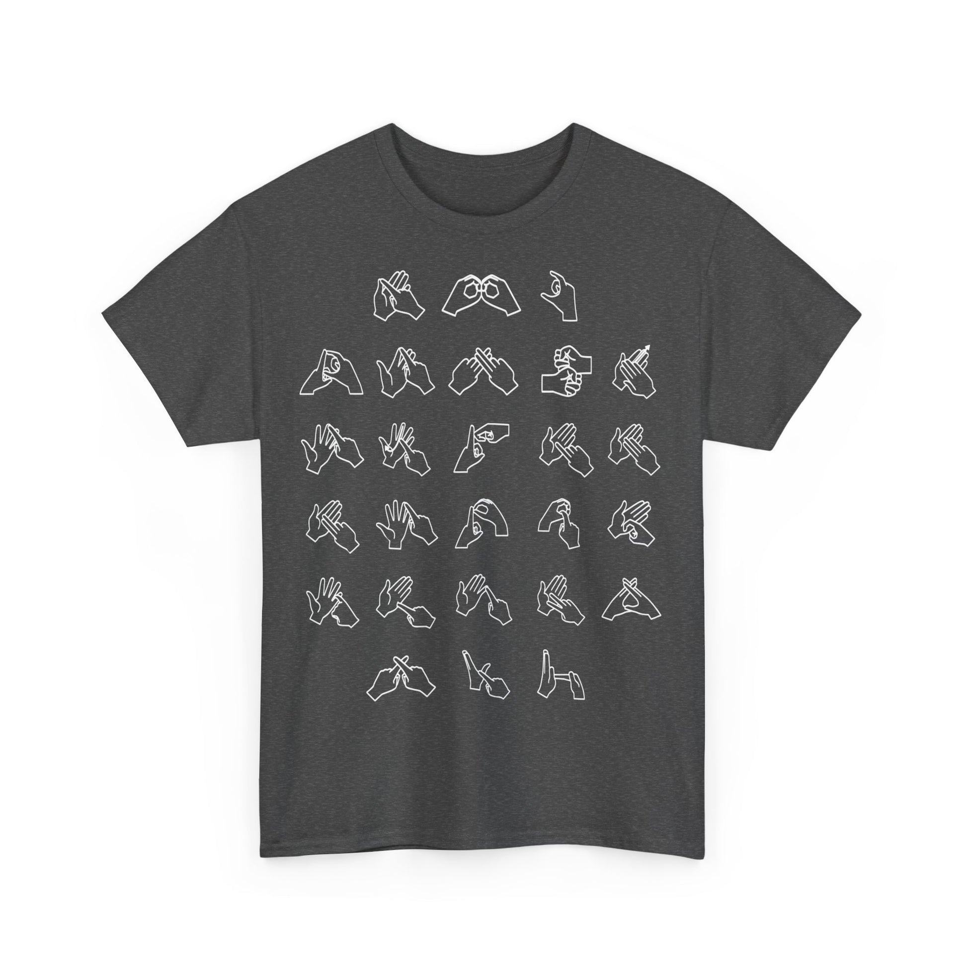 Front view of a Dark Heather t-shirt with BSL Alphabet - White Fingerspelling