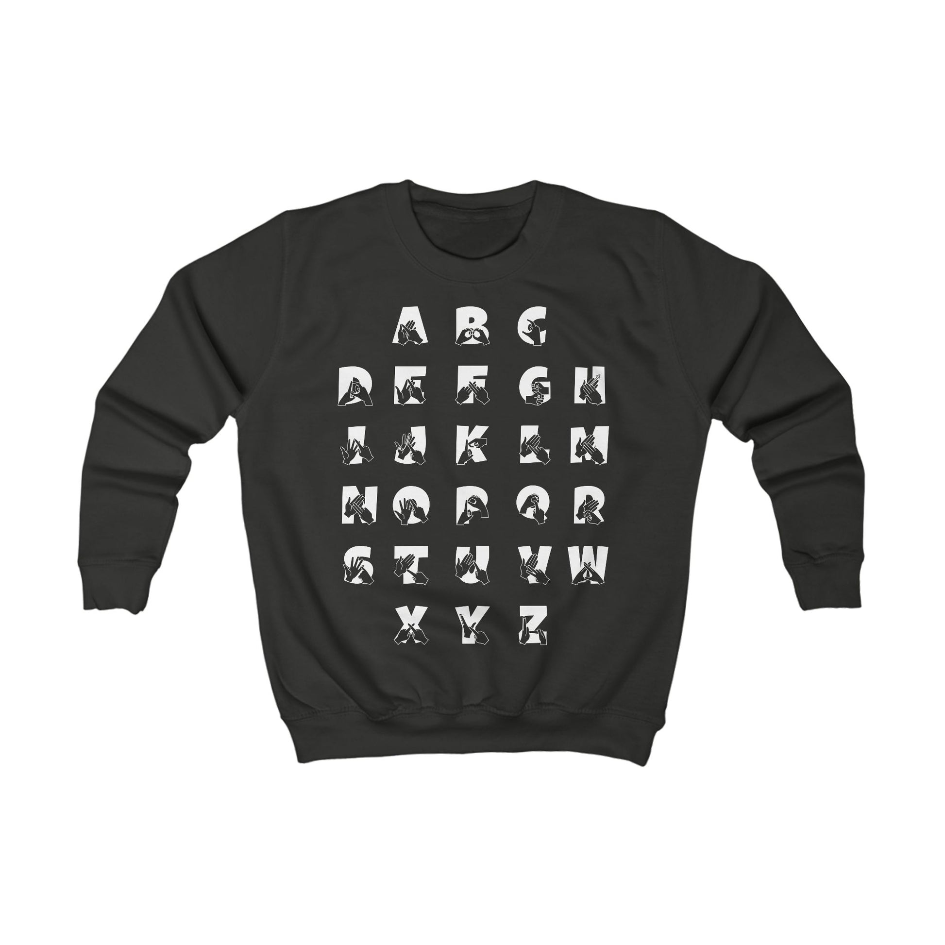 Front view of a jet black sweatshirt with BSL Alphabet - white Fingerspelling & Text
