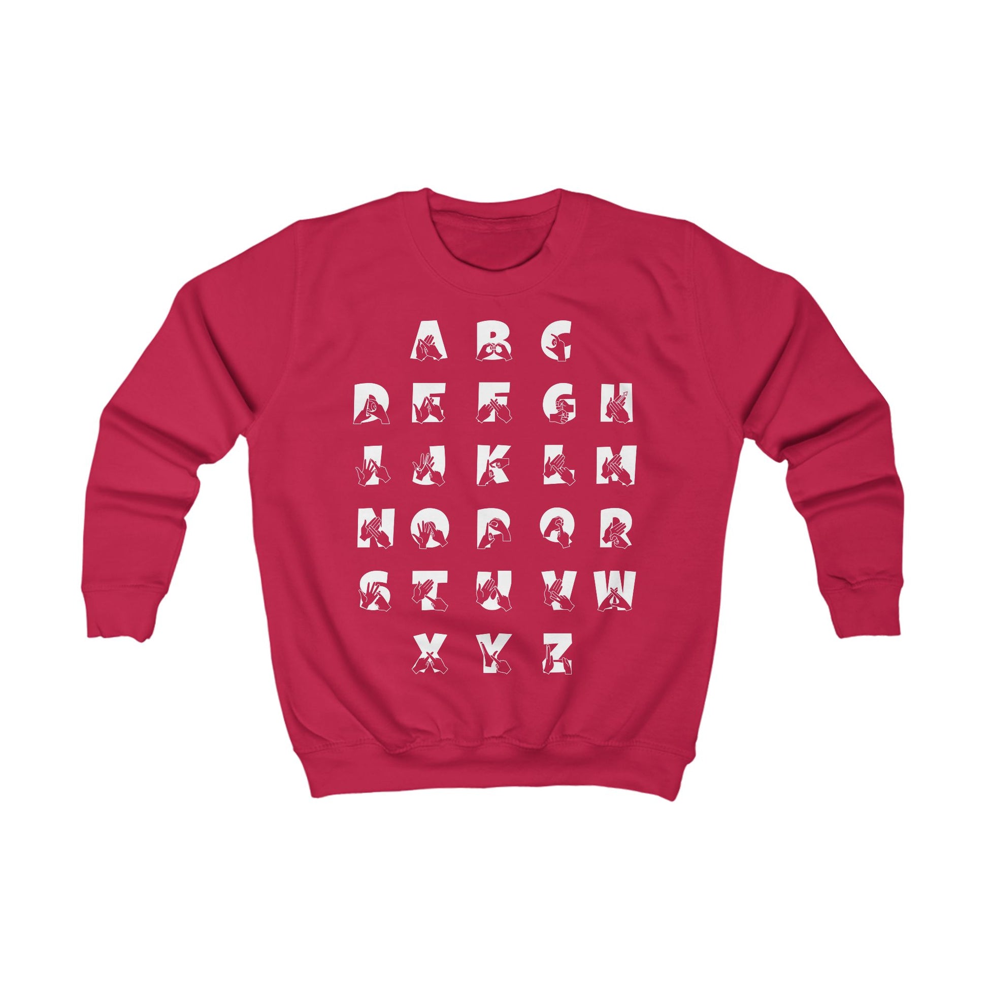 Front view of a fire red sweatshirt with BSL Alphabet - white Fingerspelling & Text