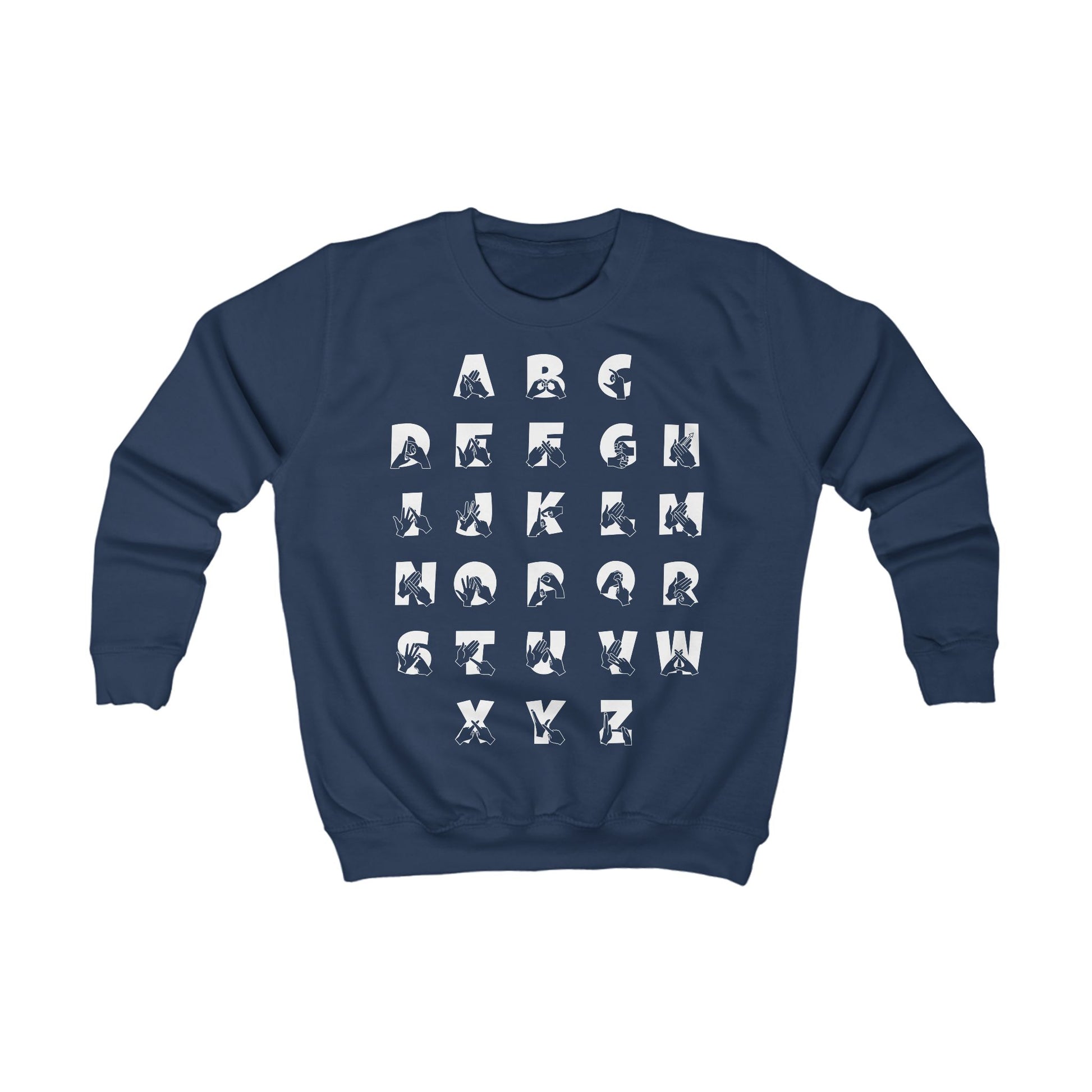 Front view of a oxford navy sweatshirt with BSL Alphabet - white Fingerspelling & Text
