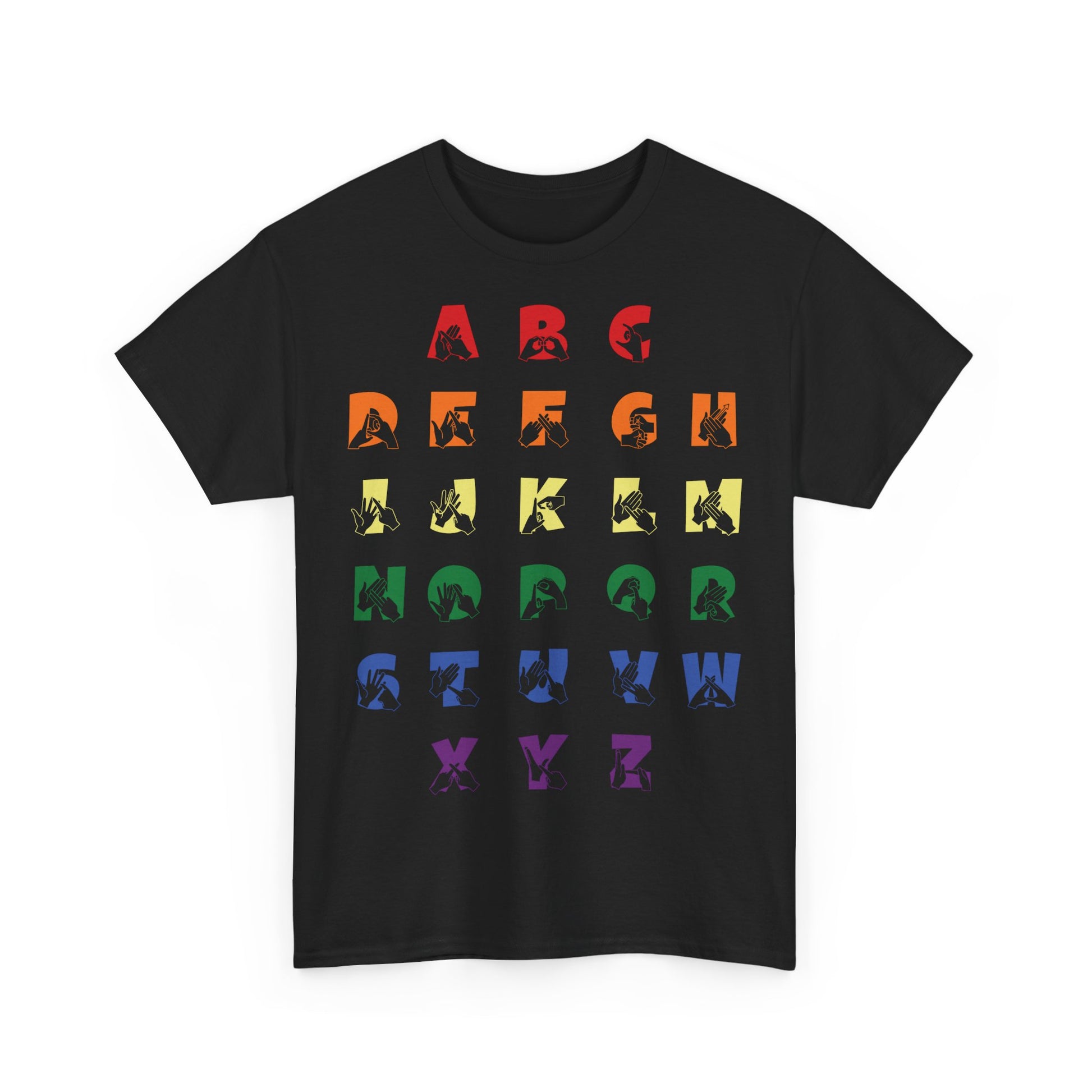 Front view of a Black t-shirt with BSL Alphabet - Pride Fingerspelling & Text