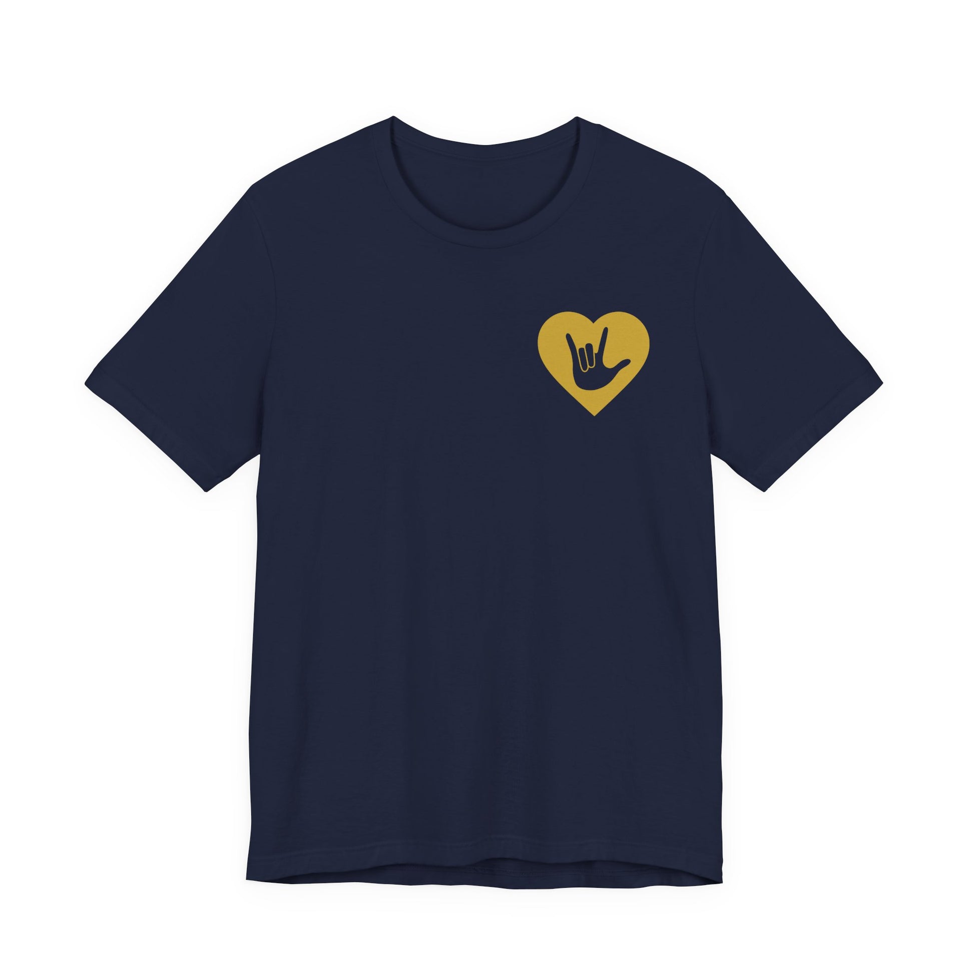 Front view of a navy T-Shirt showing a gold coloured heart and the iconic ASL I Love You sign embedded in it on the left side of the chest