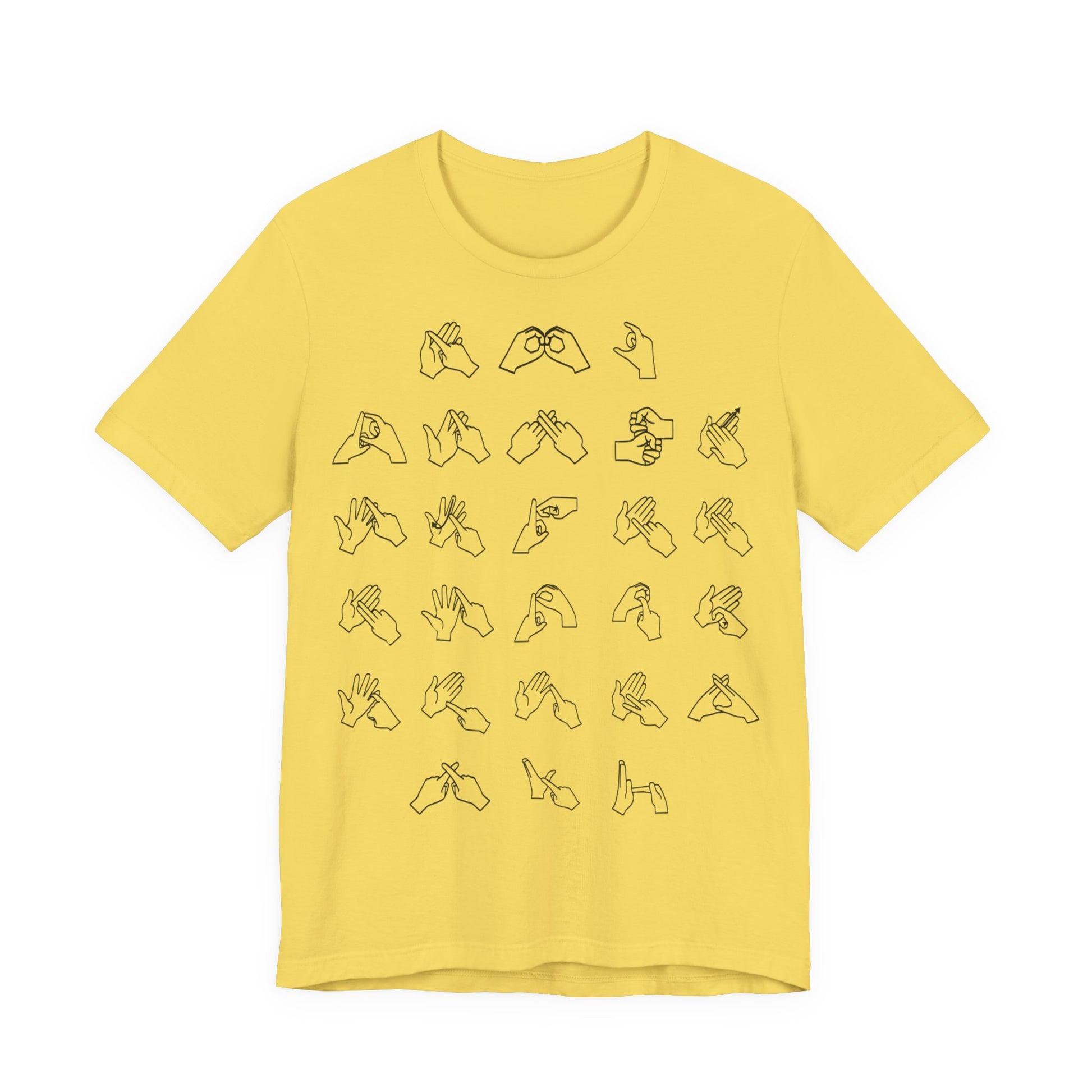 Front view of a maize yellow t-shirt with BSL Alphabet - Black Fingerspelling