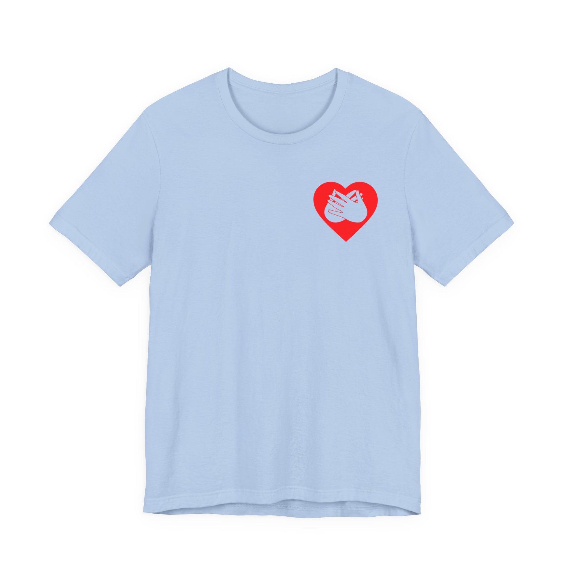 Front view of a baby blue T-Shirt showing a red coloured heart and the iconic BSL Love sign embedded in it on the left side of the chest