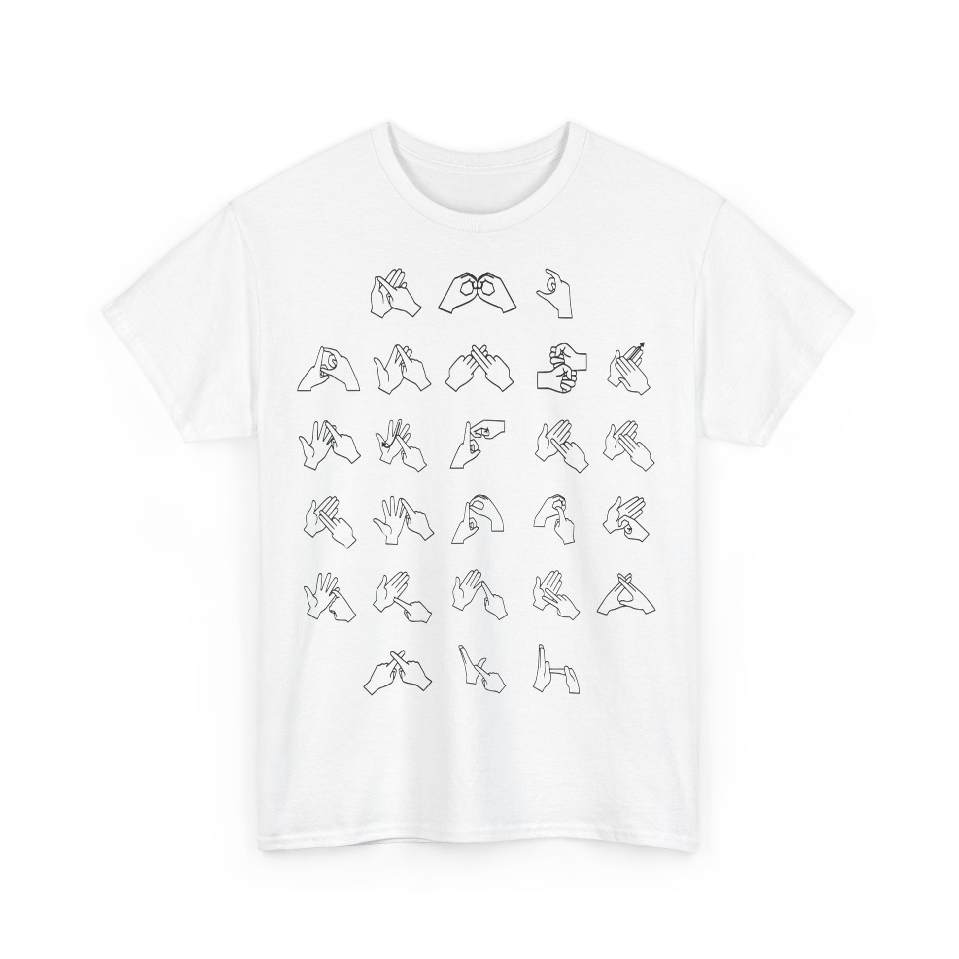 Front view of a white t-shirt with BSL Alphabet - Black Fingerspelling