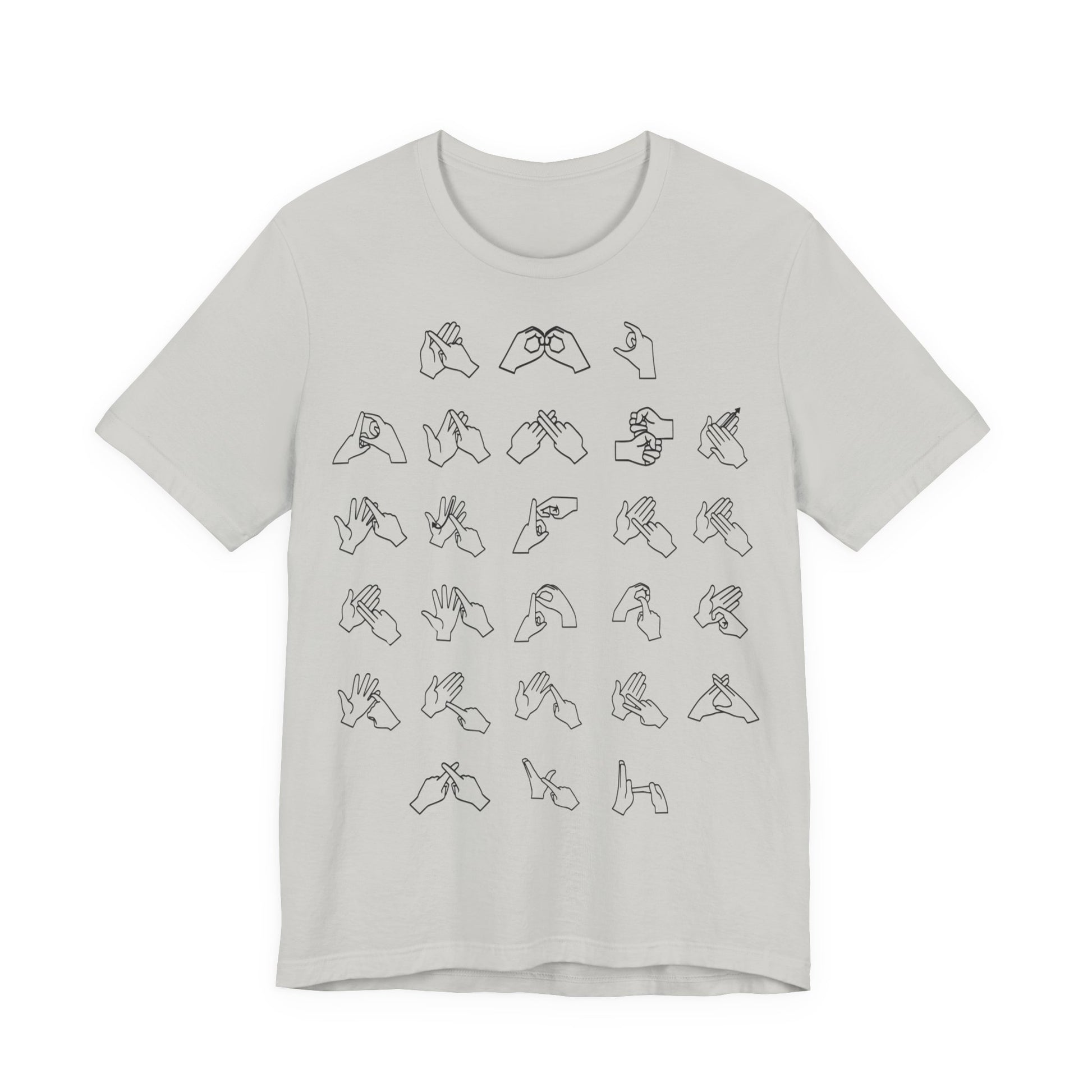 Front view of a silver t-shirt with BSL Alphabet - Black Fingerspelling