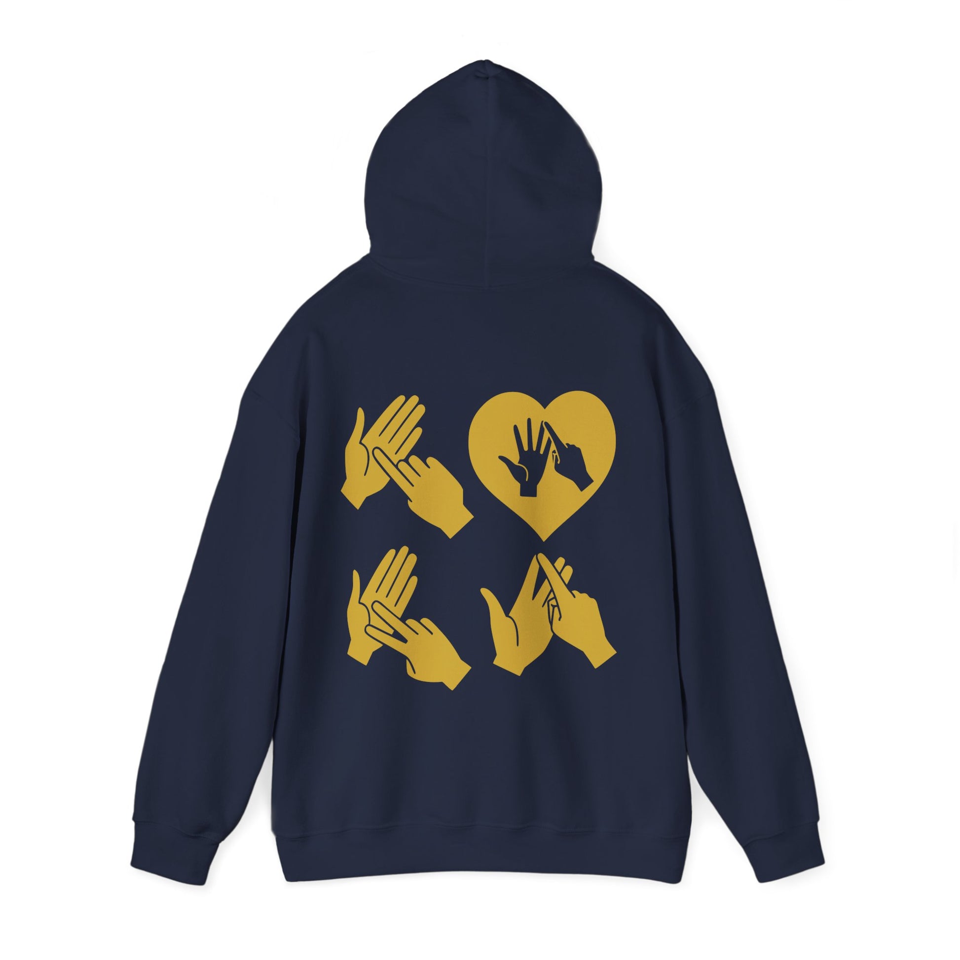 Back view of a navy hoodie with the word Love in gold BSL Fingerspelling with the 'O' embedded in a heart shape