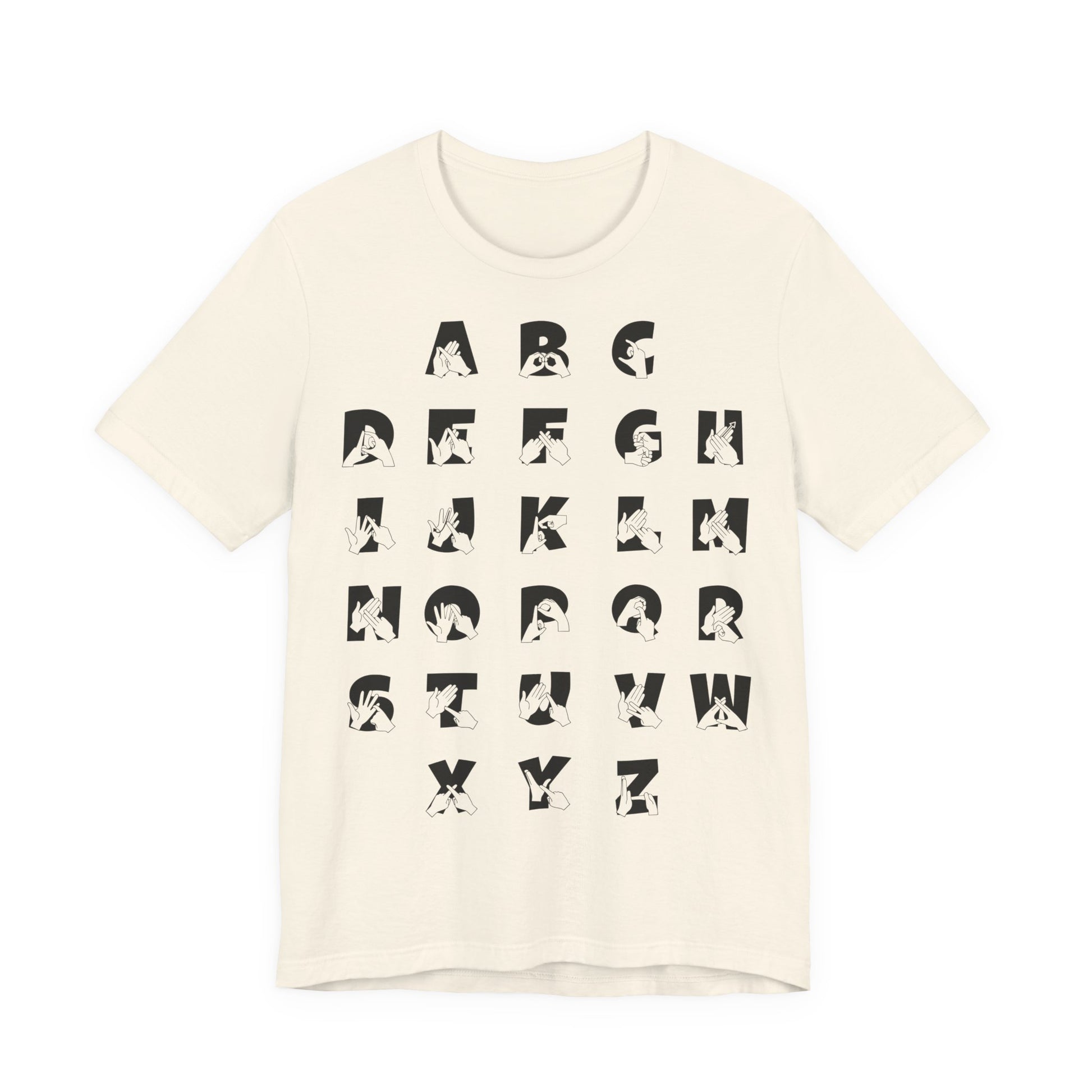 Front view of a natural t-shirt with BSL Alphabet - Black Fingerspelling & Text