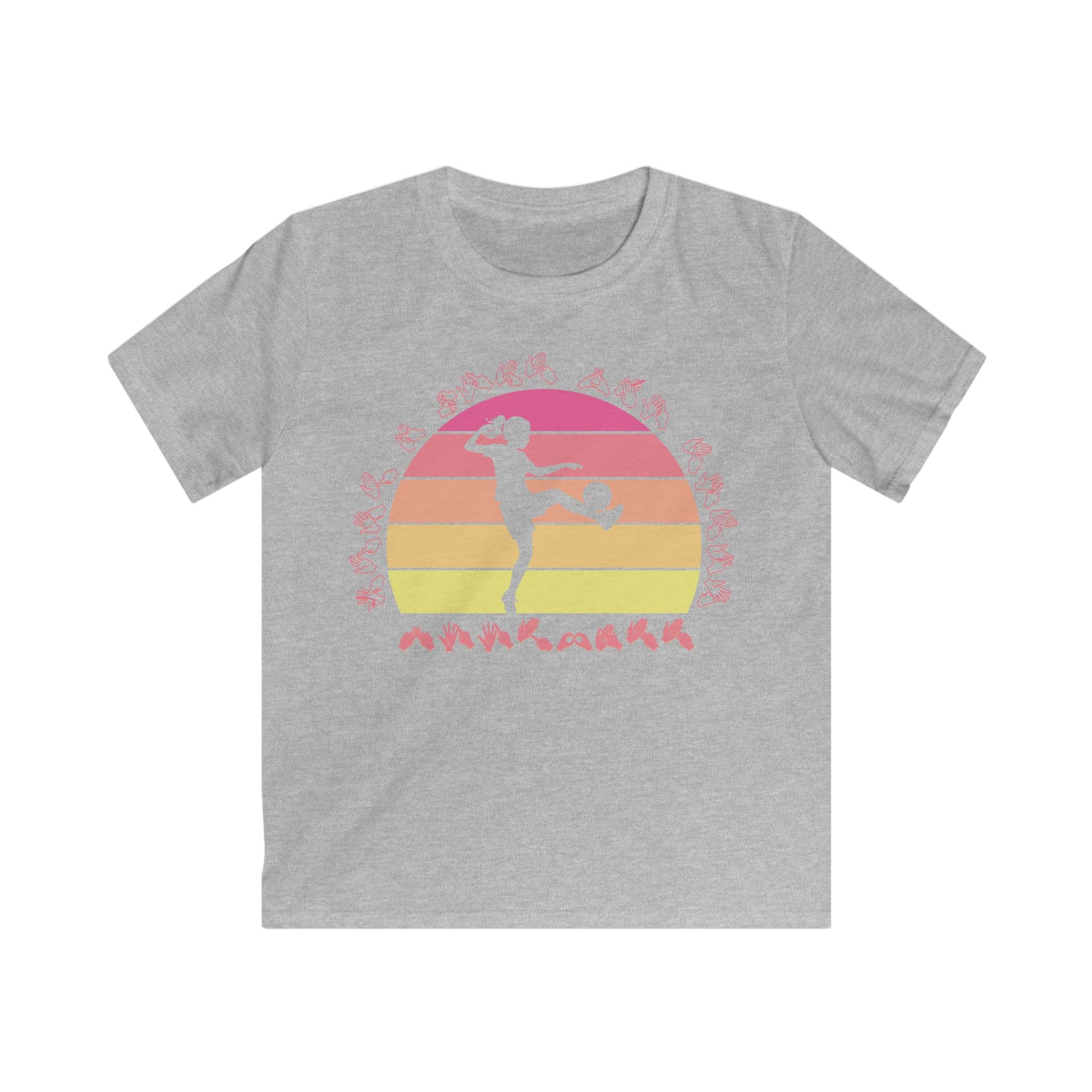 Sport grey t-shirt with the phrase "Just a Girl Who Loves Football" in BSL Fingerspelling featuring a colourful retro sunset and a silhouette of a boy kicking a football.