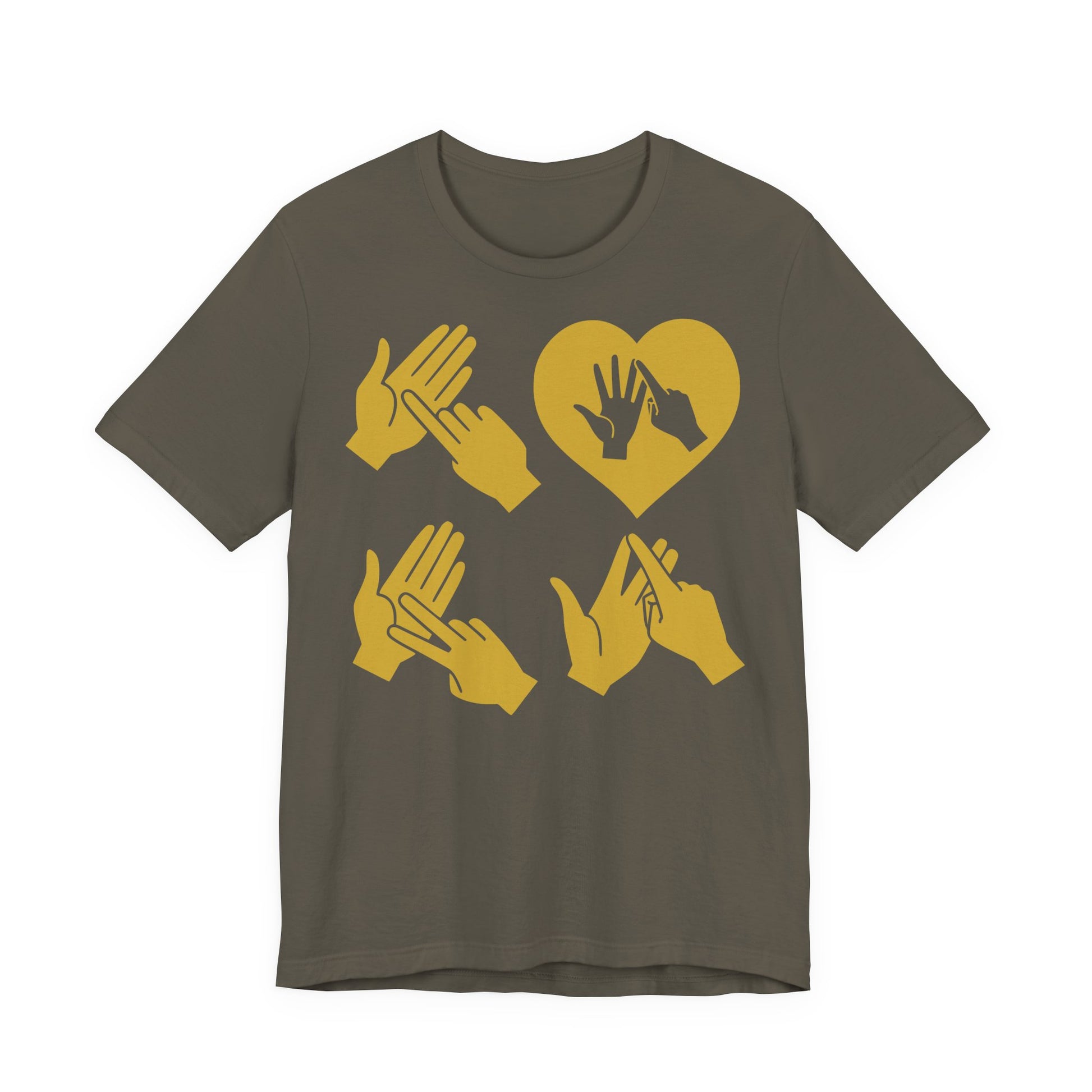 Front view of a army T-Shirt with the word Love in gold BSL Fingerspelling with the 'O' embedded in a heart shape