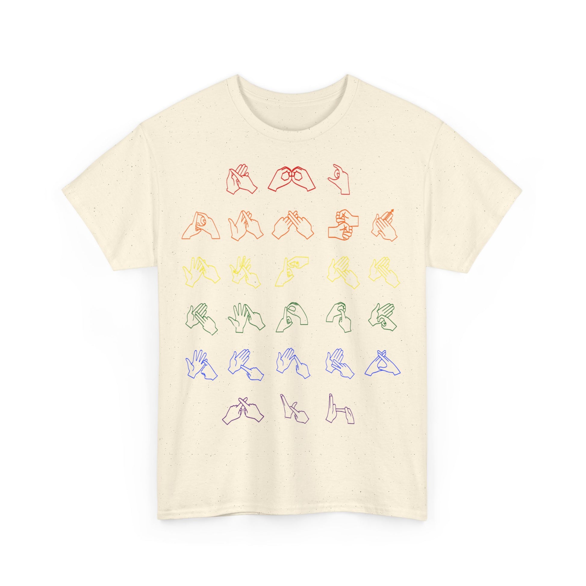 Front view of a natural t-shirt with BSL Alphabet - Pride Fingerspelling