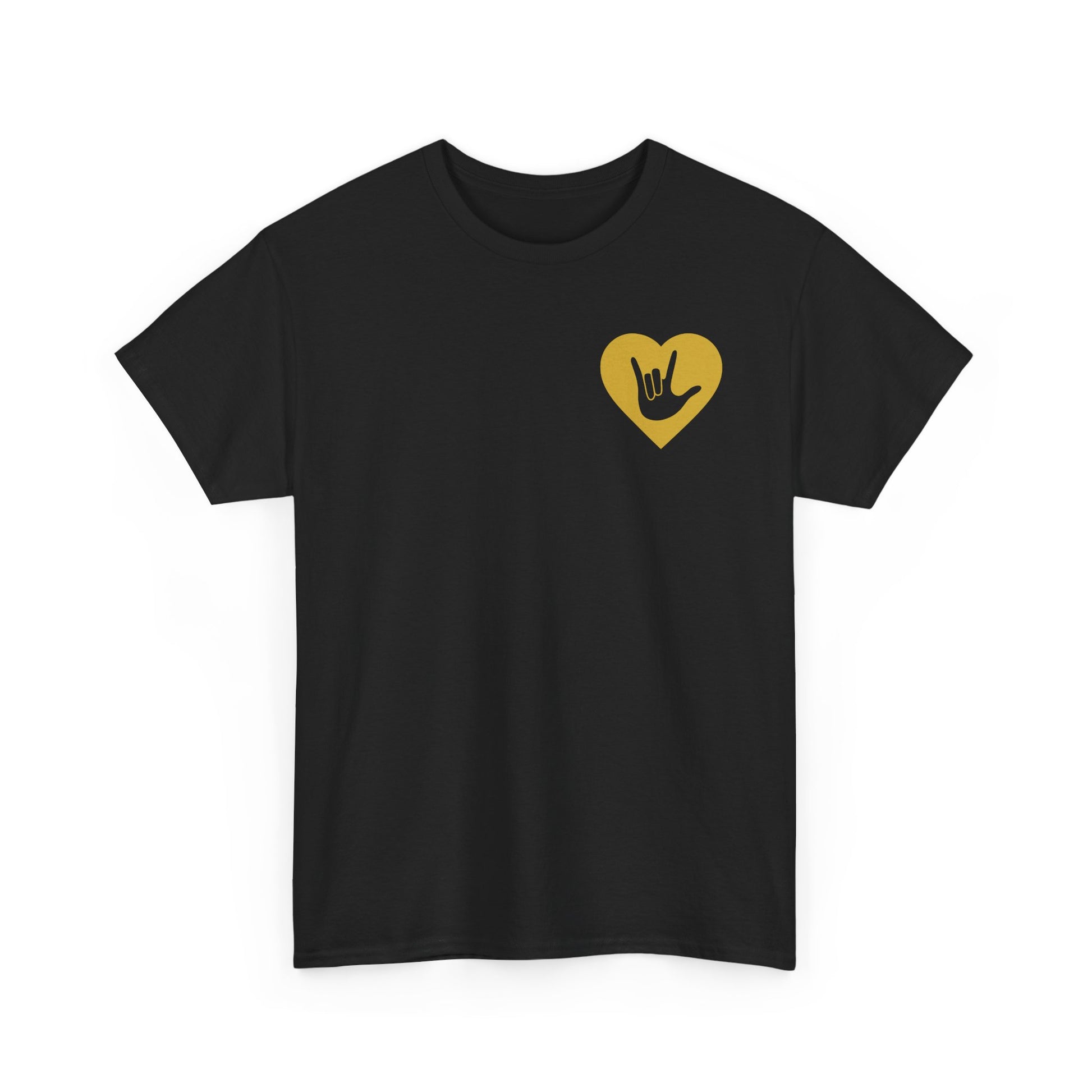 Front view of a black T-Shirt showing a gold coloured heart and the iconic ASL I Love You sign embedded in it on the left side of the chest