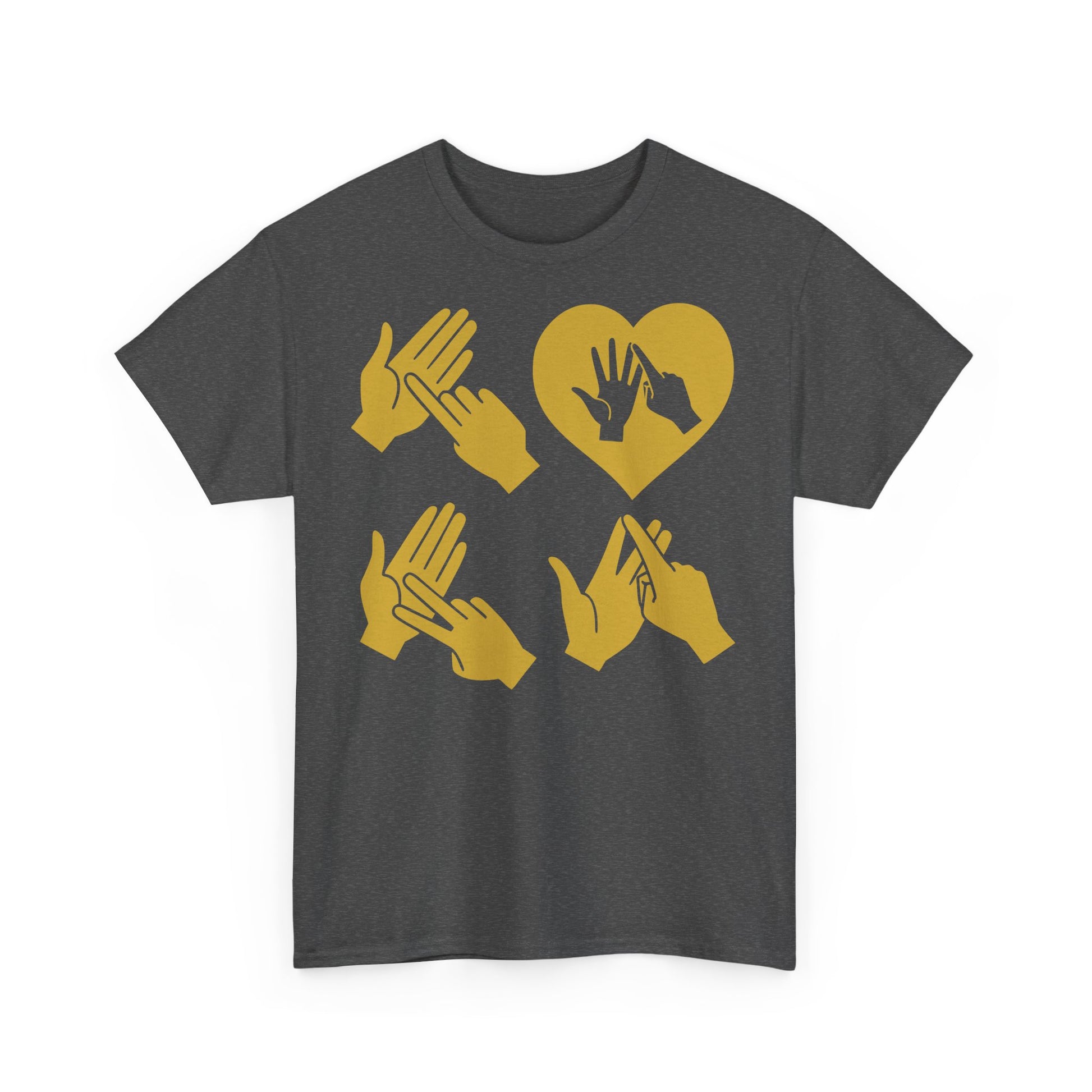 Front view of a dark heather T-Shirt with the word Love in gold BSL Fingerspelling with the 'O' embedded in a heart shape