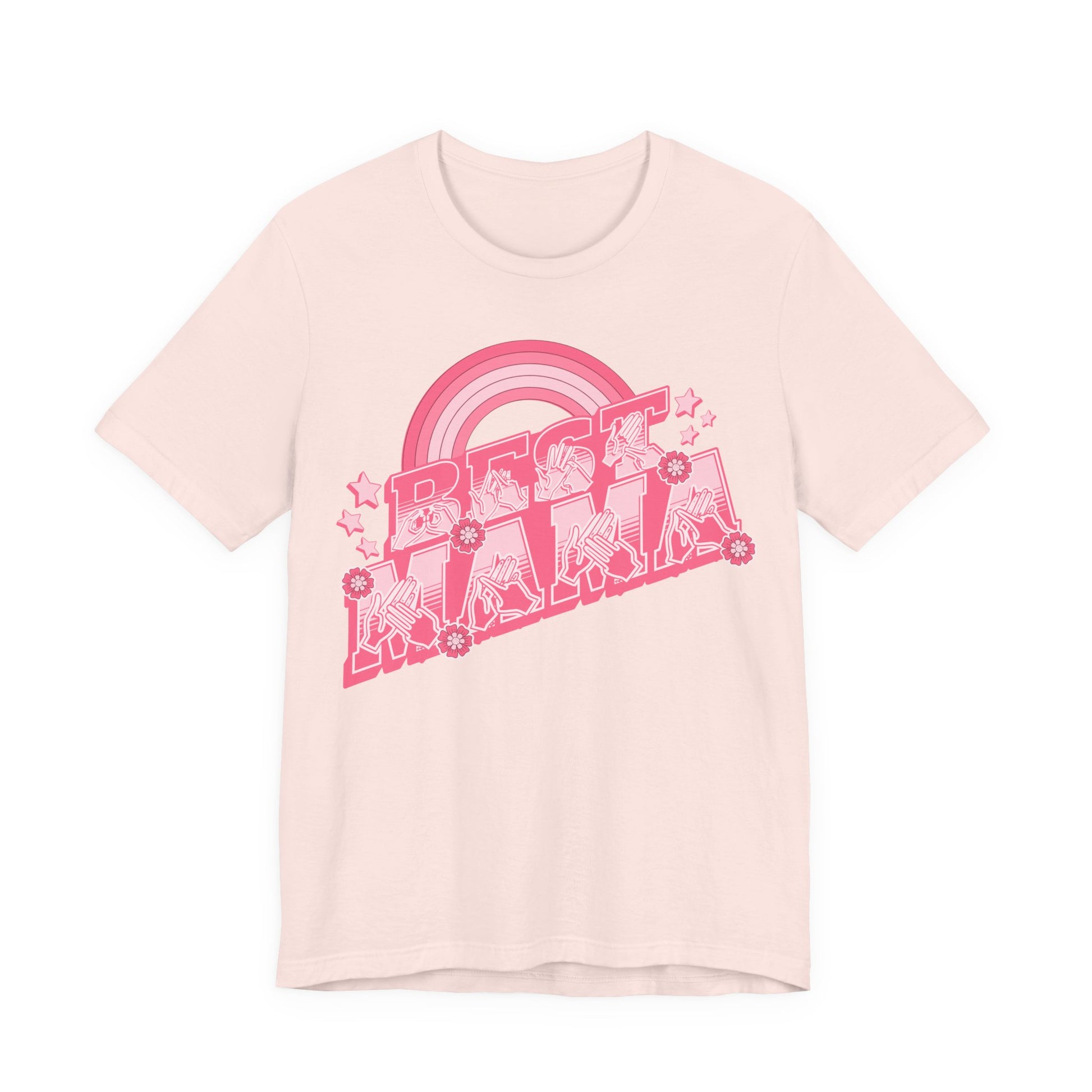 Soft pink T-shirt with ‘Best Mama’ shown in BSL fingerspelling and text, with rainbow, stars, and floral accents