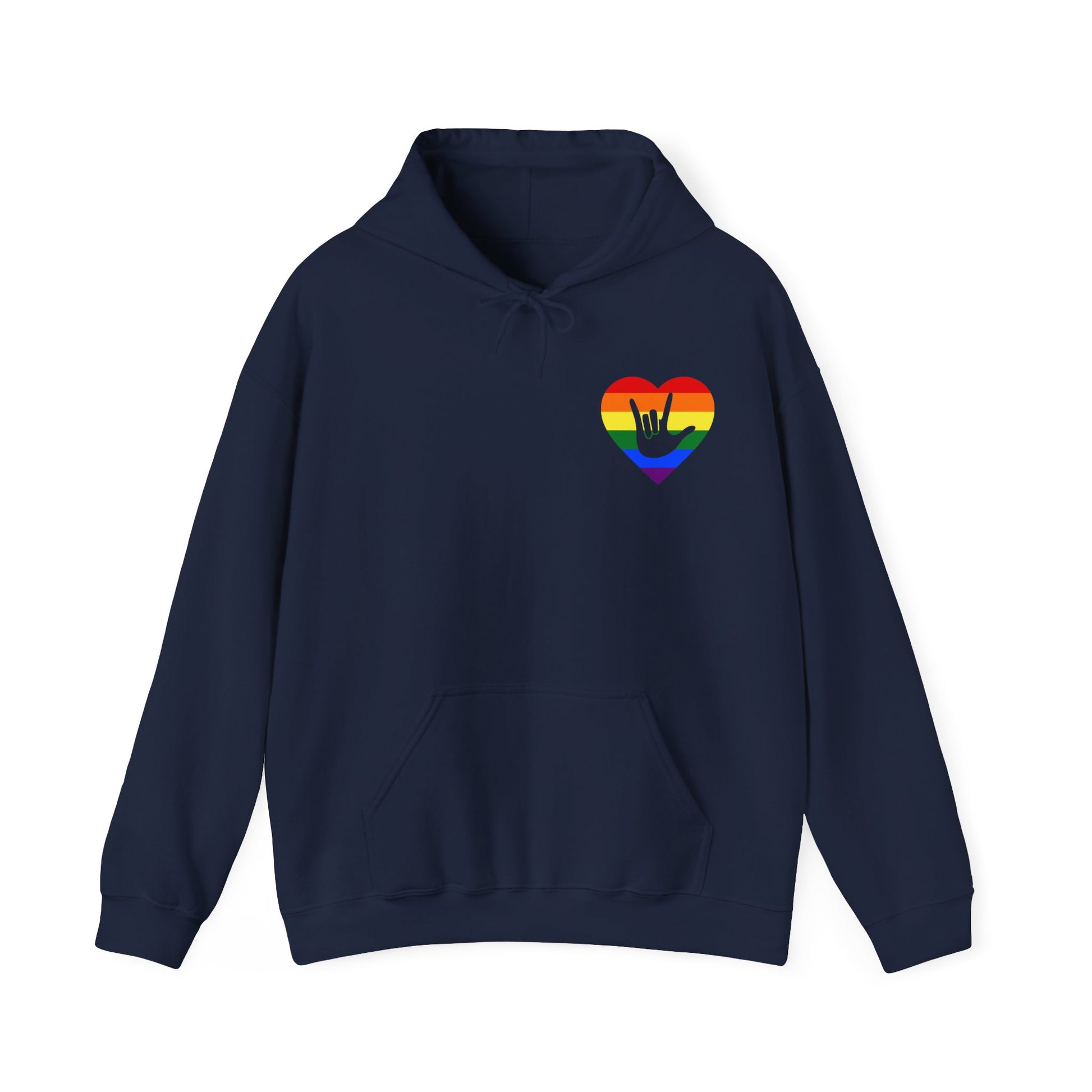Front view of a navy hoodie showing a pride coloured heart and the iconic ASL I Love You sign embedded in it on the left side of the chest