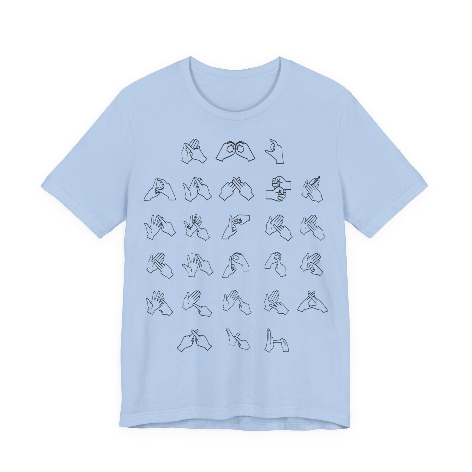 Front view of a baby blue t-shirt with BSL Alphabet - Black Fingerspelling