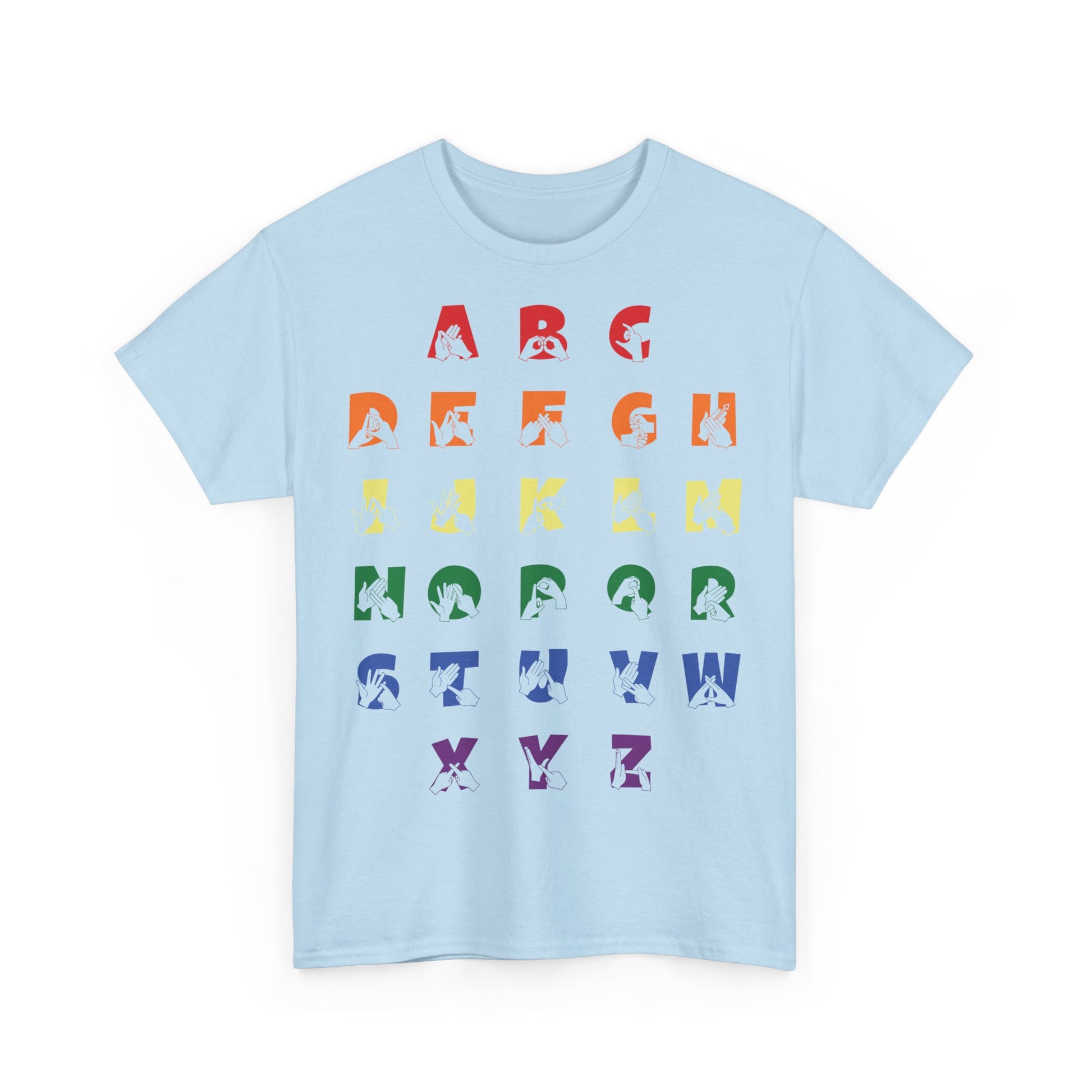 Front view of a Light Blue t-shirt with BSL Alphabet - Pride Fingerspelling & Text