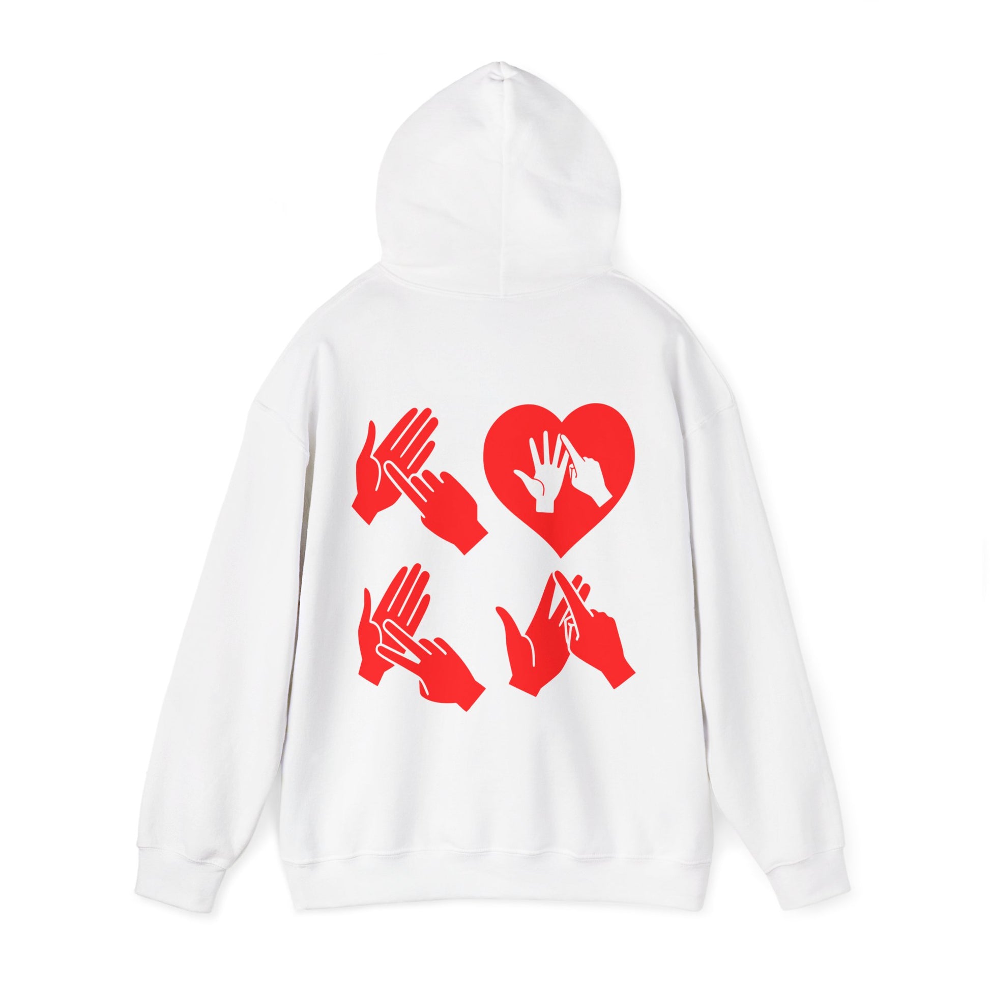 Back view of a white hoodie with the word Love in red BSL Fingerspelling with the 'O' embedded in a heart shape