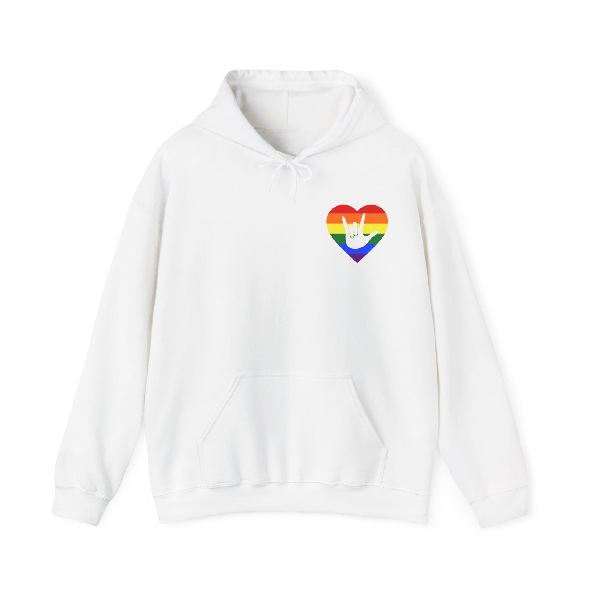 Front view of a white hoodie showing a pride coloured heart and the iconic ASL I Love You sign embedded in it on the left side of the chest
