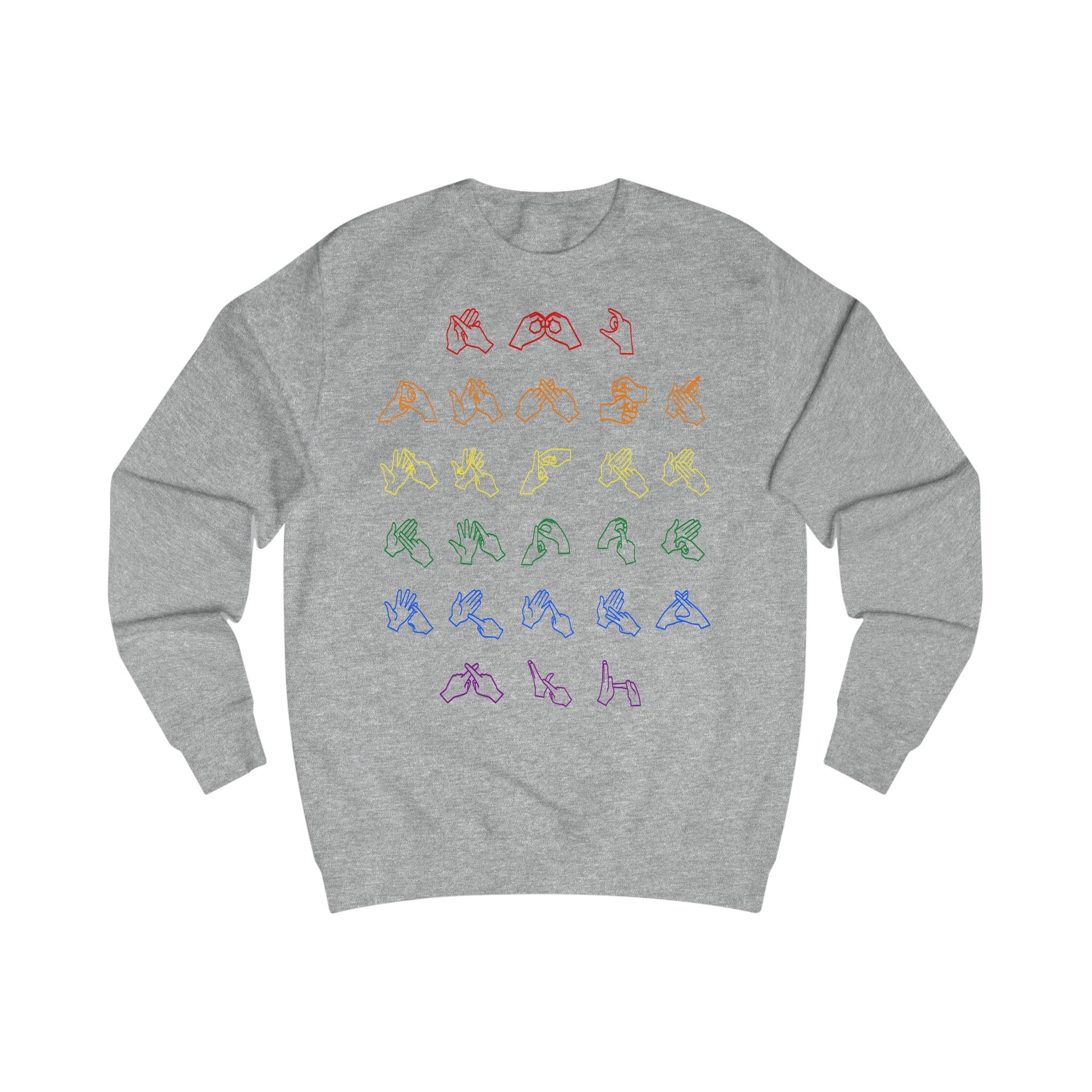 Front view of a steel grey sweatshirt with BSL Alphabet - Pride Fingerspelling