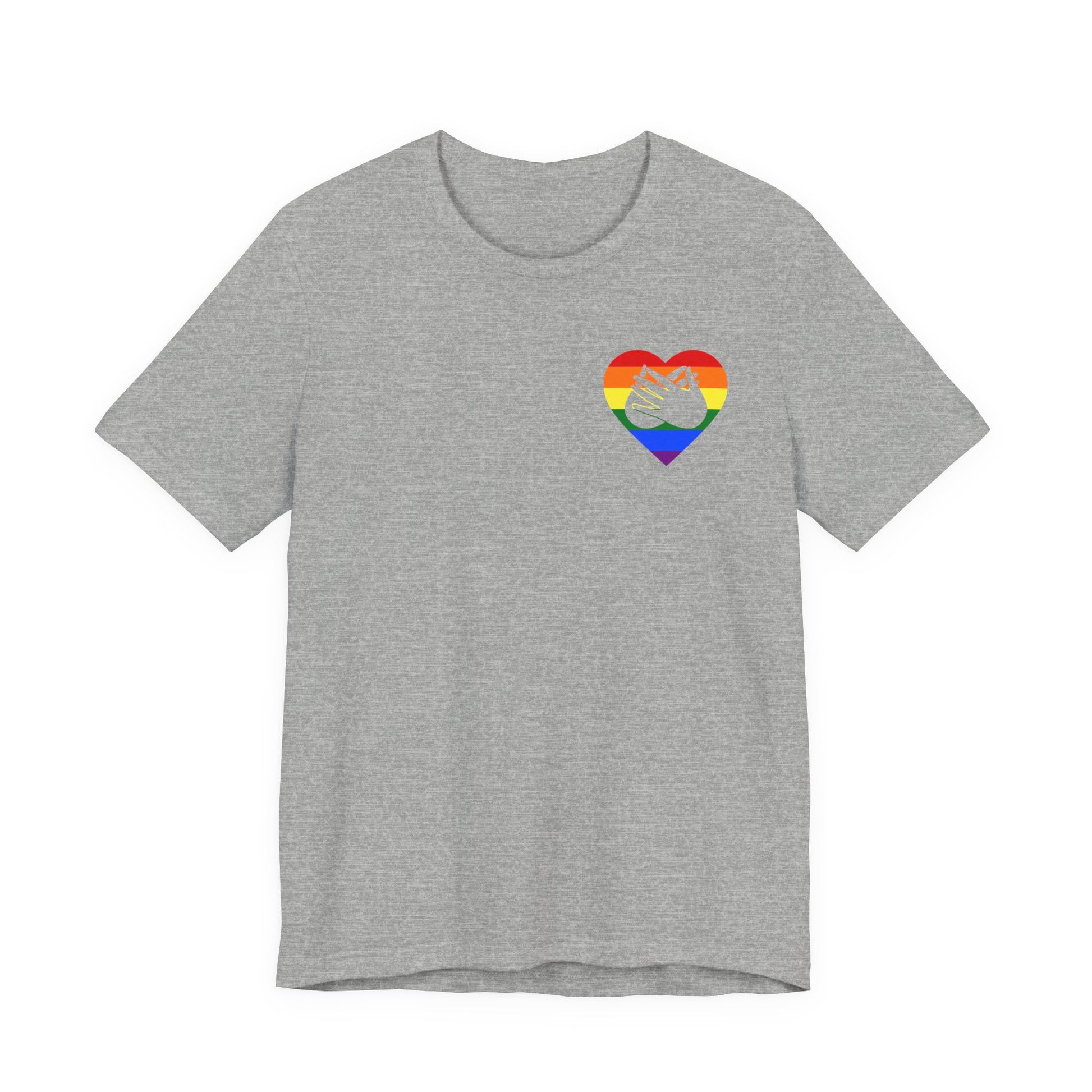 Front view of a athletic heather T-Shirt showing a pride coloured heart and the iconic BSL Love sign embedded in it on the left side of the chest