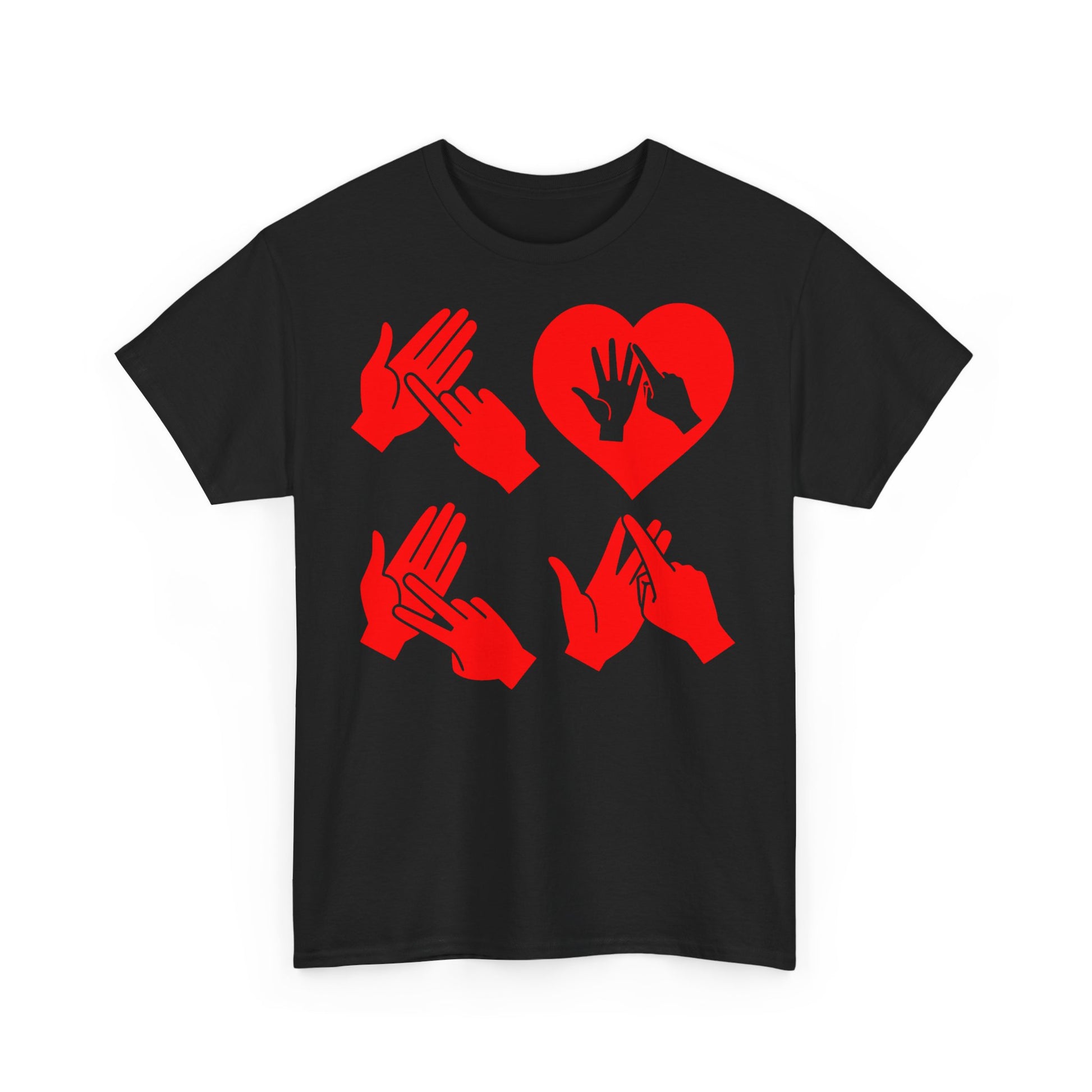 Front view of a black T-Shirt with the word Love in red BSL Fingerspelling with the 'O' embedded in a heart shape