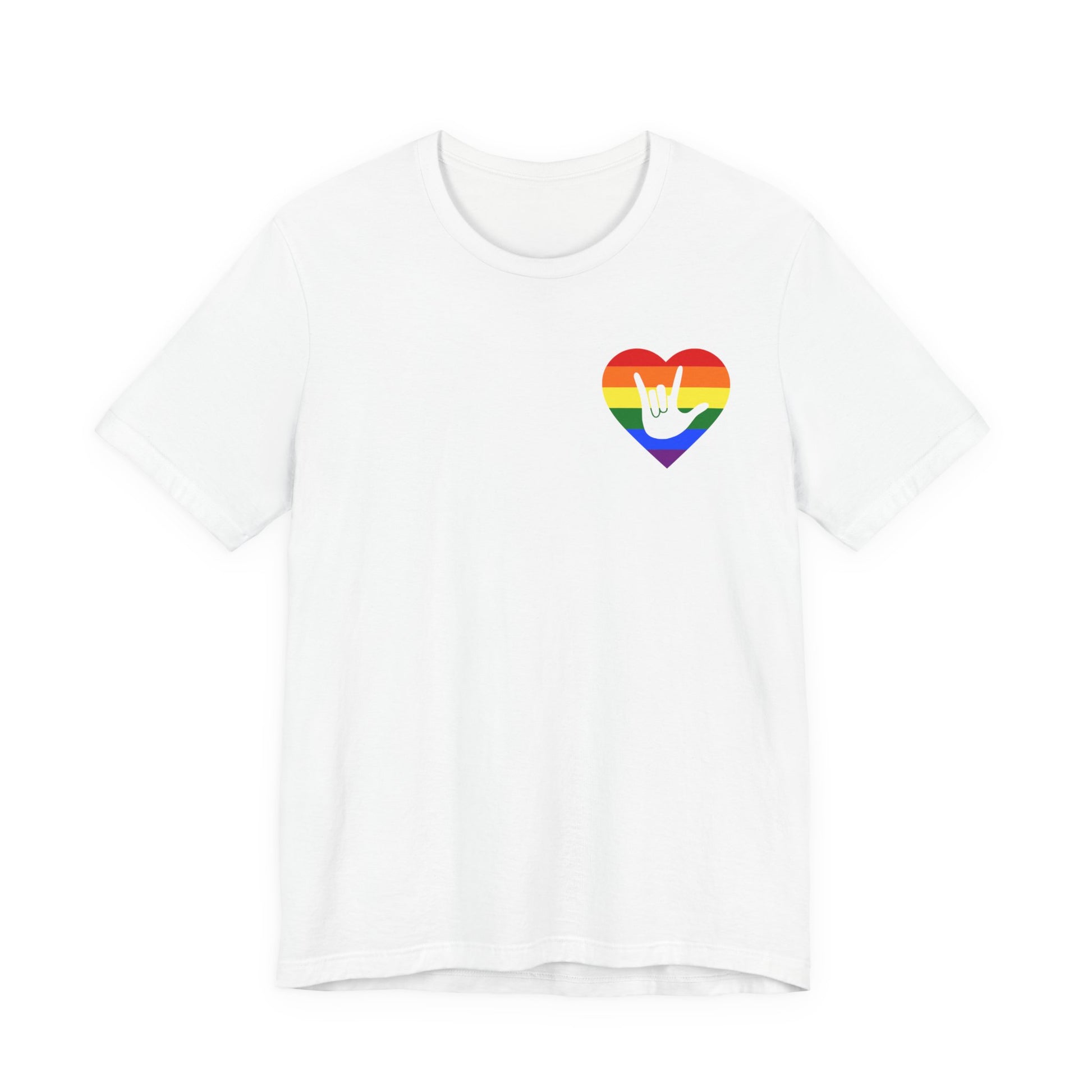 Front view of a white T-Shirt showing a pride coloured heart and the iconic ASL I Love You sign embedded in it on the left side of the chest