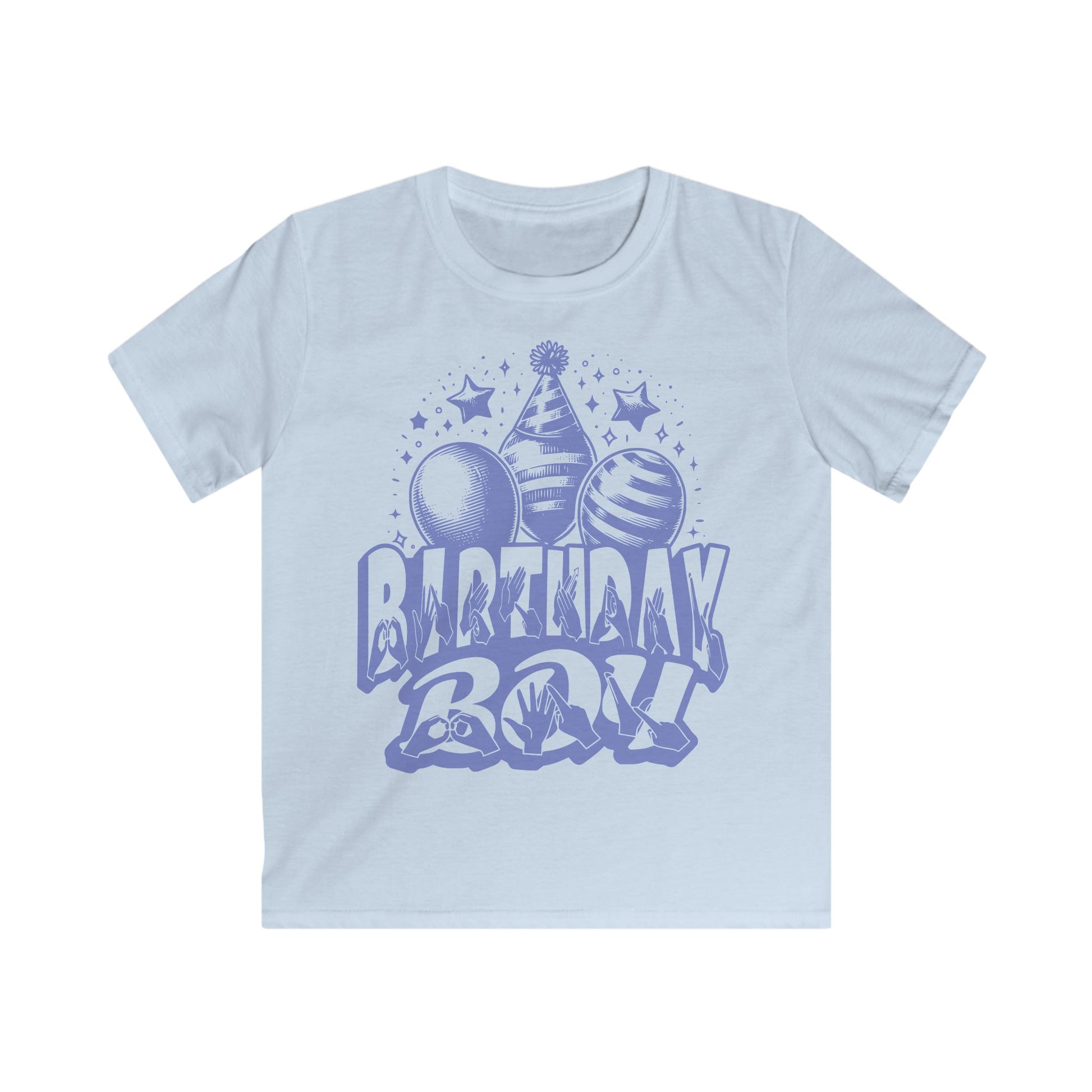 Light blue kids' t-shirt with "Birthday Boy" in bold letters featuring British Sign Language fingerspelling, with blue balloons, stars, and a party hat above.