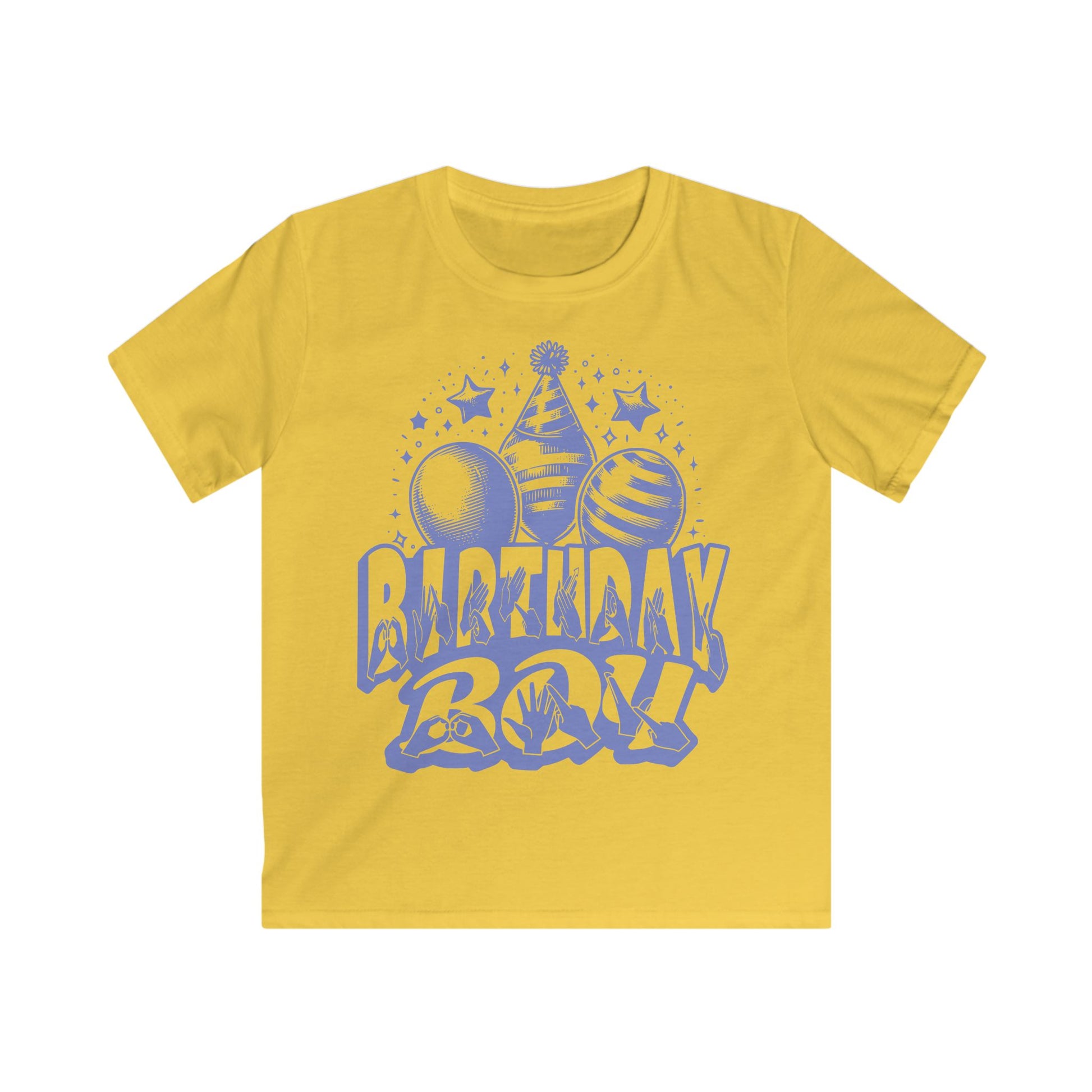 Daisy kids' t-shirt with "Birthday Boy" in bold letters featuring British Sign Language fingerspelling, with blue balloons, stars, and a party hat above.
