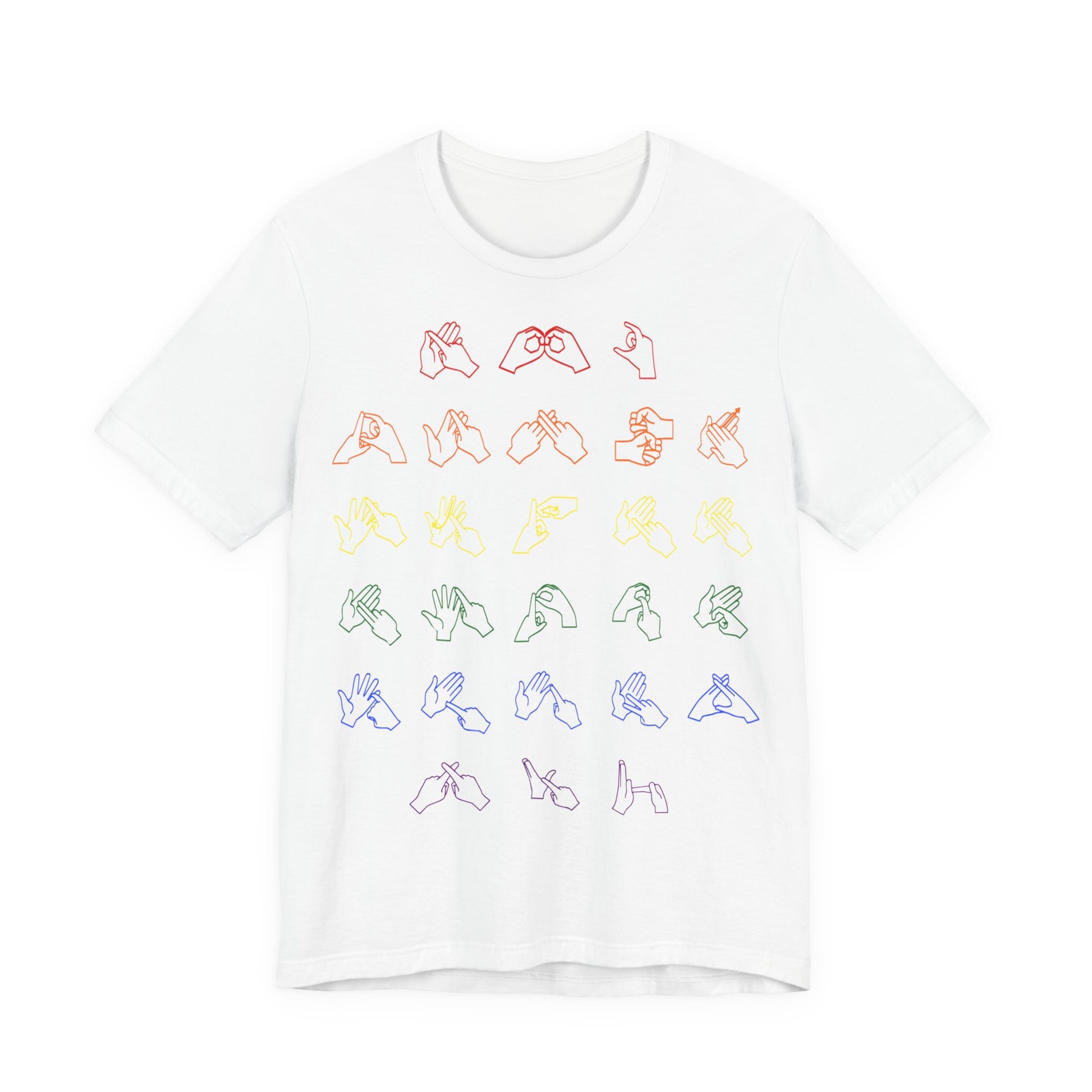 Front view of a white t-shirt with BSL Alphabet - Pride Fingerspelling