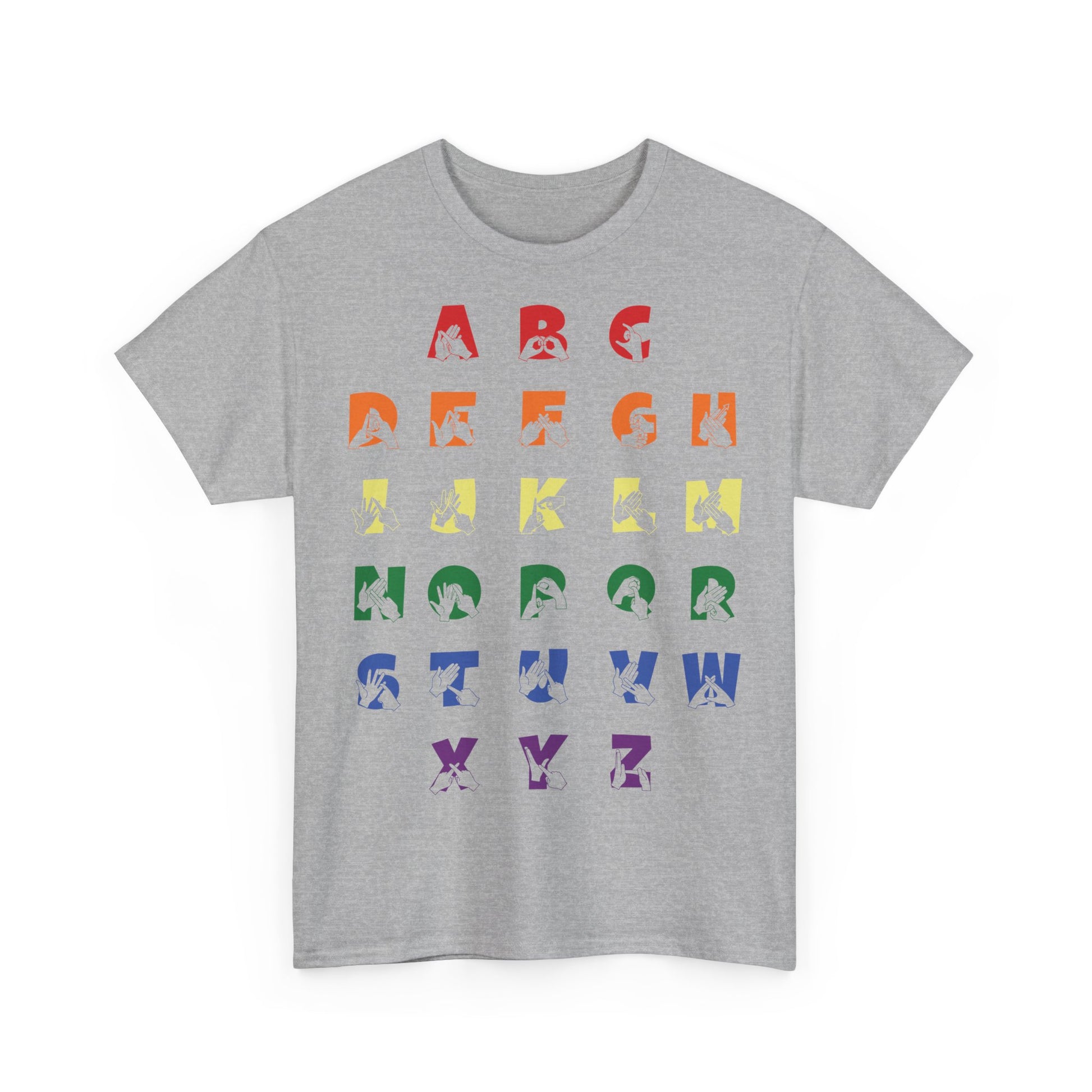 Front view of a Sport Grey t-shirt with BSL Alphabet - Pride Fingerspelling & Text