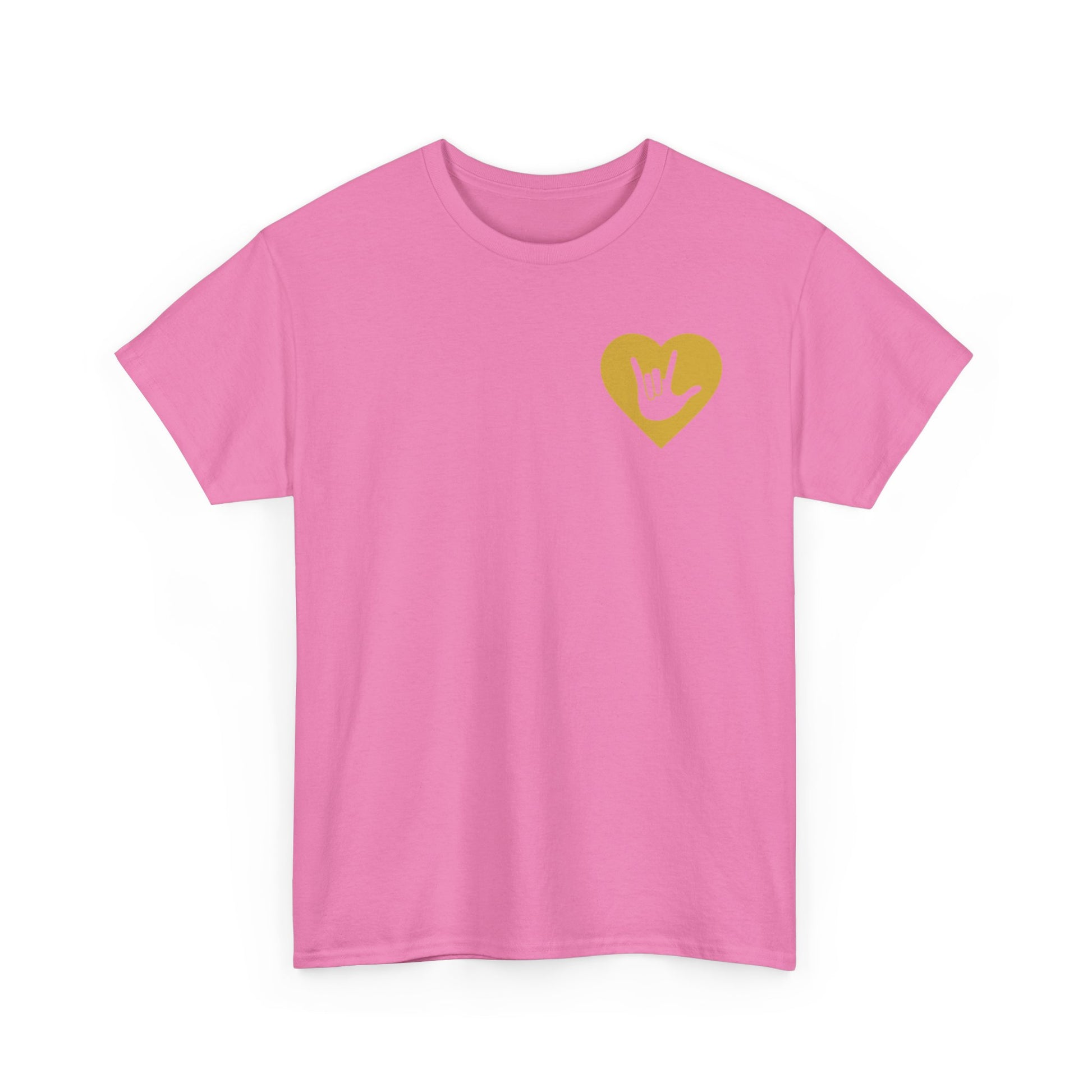 Front view of a azalea T-Shirt showing a gold coloured heart and the iconic ASL I Love You sign embedded in it on the left side of the chest