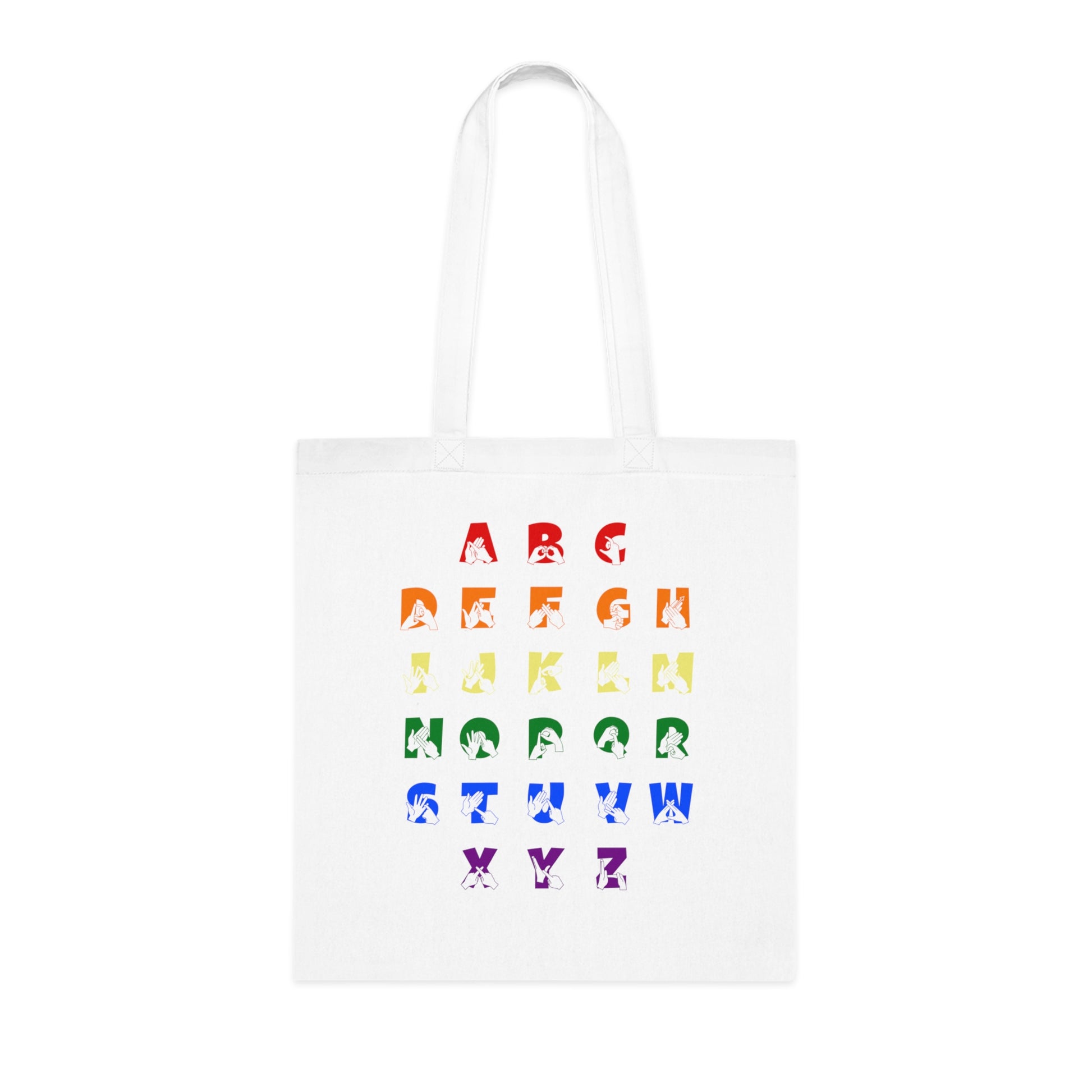 White Tote Bag with BSL Alphabet - Pride Fingerspelling & Text