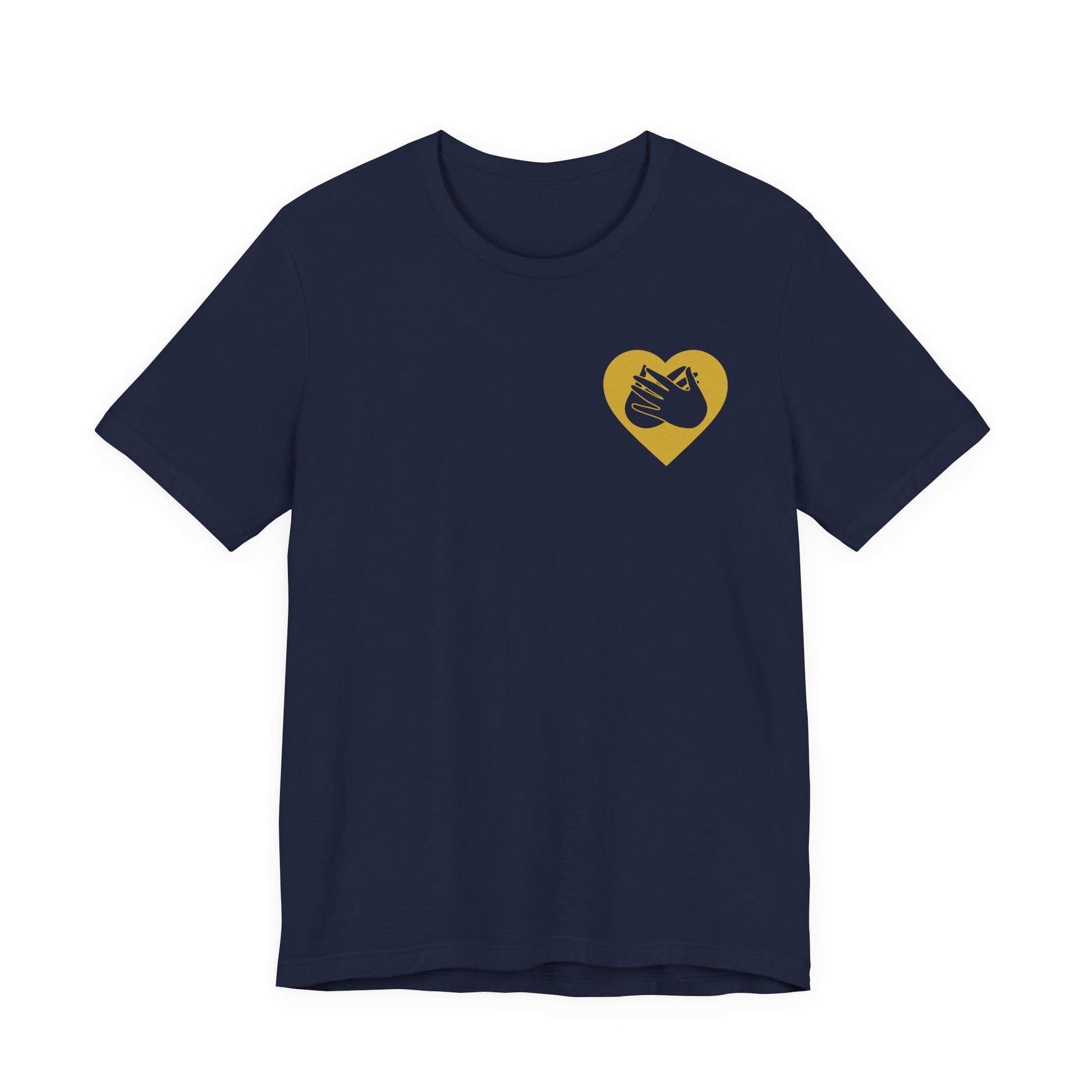 Front view of a navy T-Shirt showing a gold coloured heart and the iconic BSL Love sign embedded in it on the left side of the chest