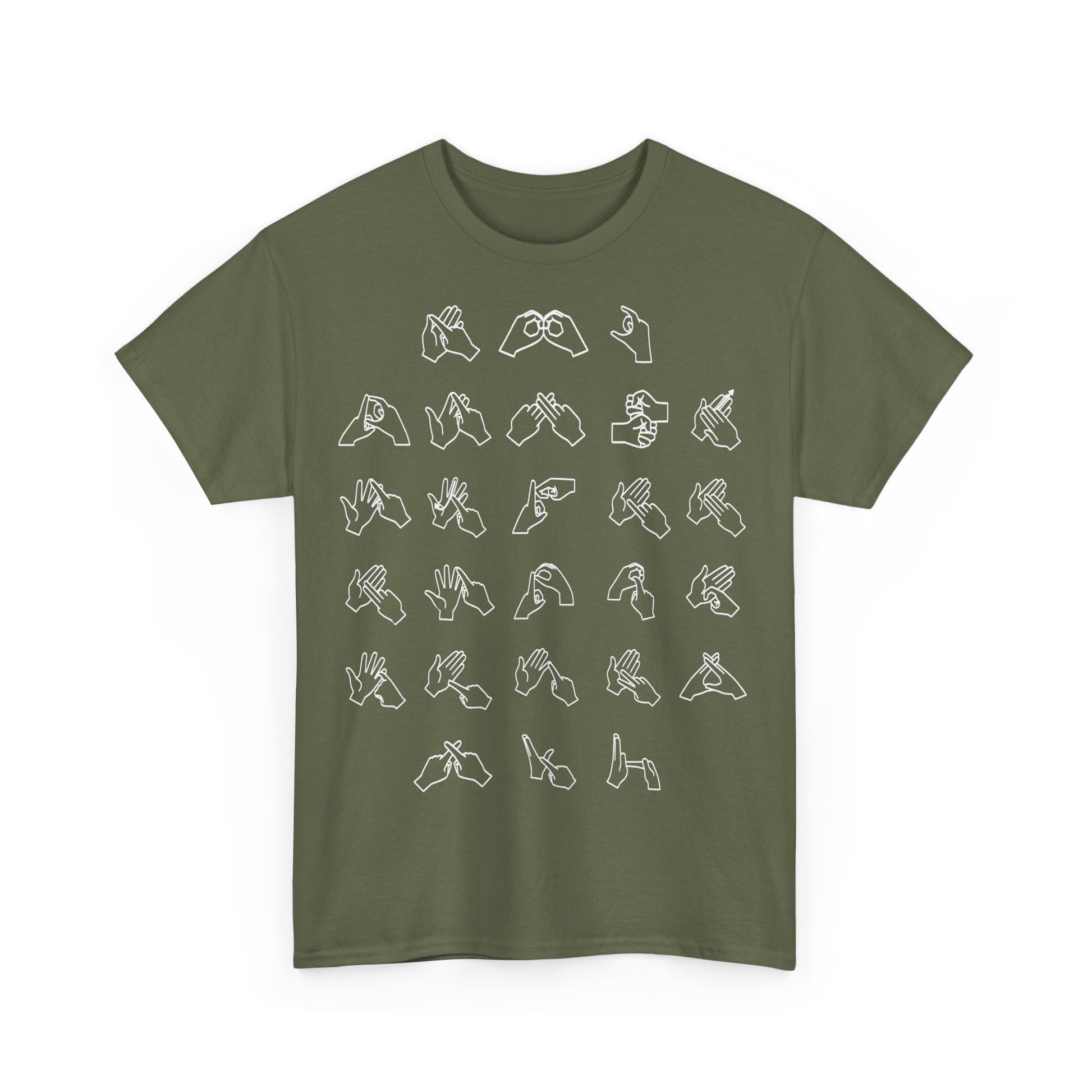 Front view of a Military Green t-shirt with BSL Alphabet - White Fingerspelling
