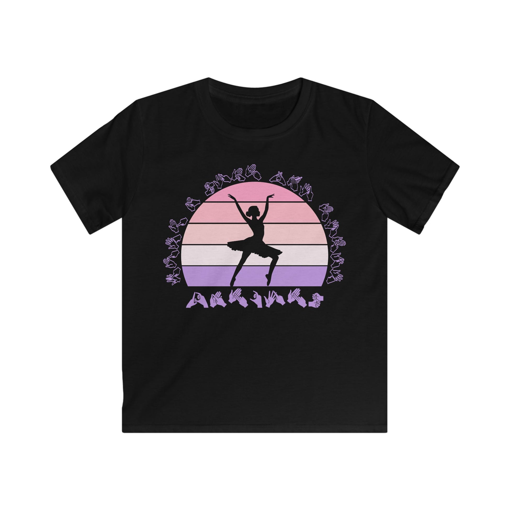 Black t-shirt with the phrase "Just a Girl Who Loves Dancing" above a colourful retro sunset and a silhouette of a girl dancing in the centre