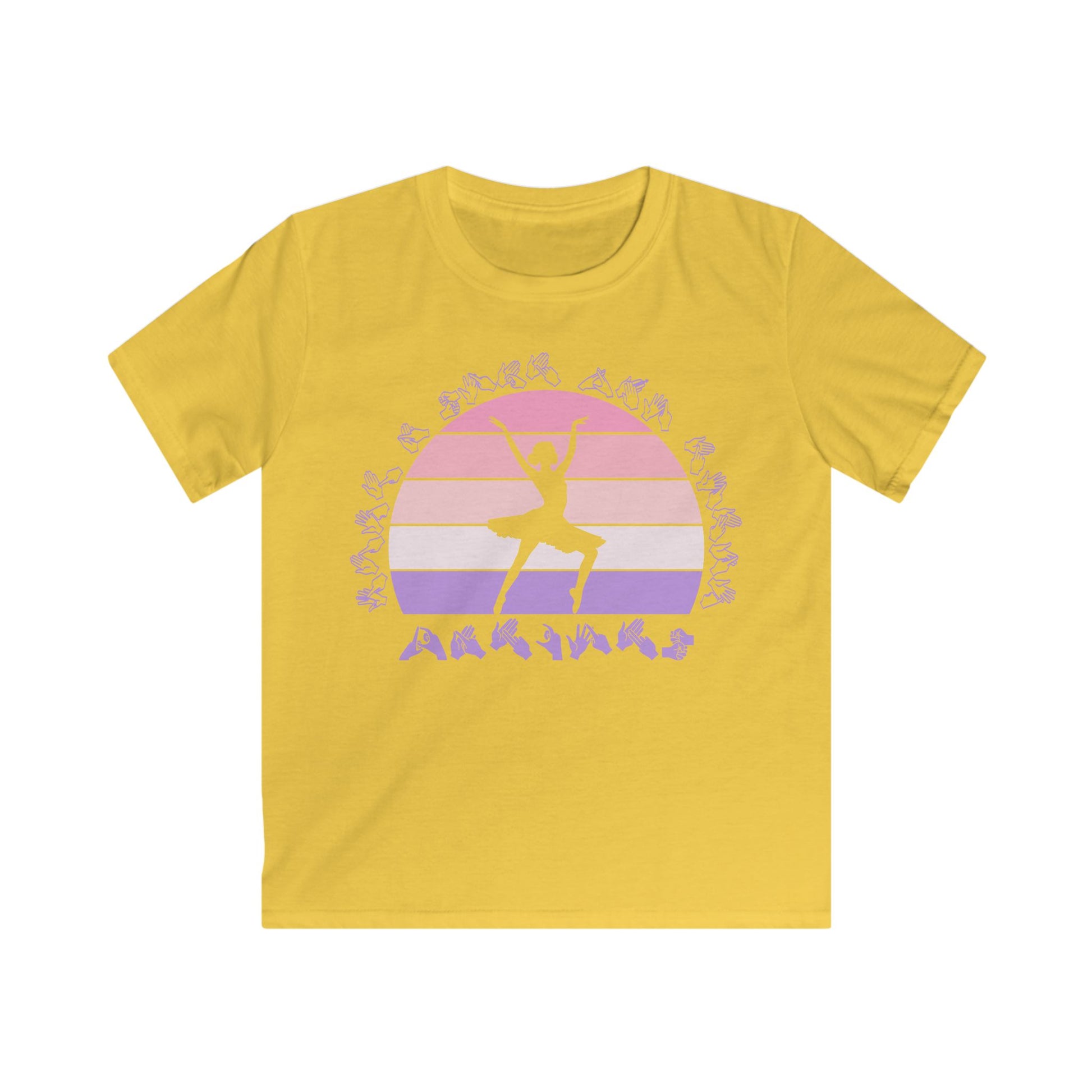 Daisy t-shirt with the phrase "Just a Girl Who Loves Dancing" above a colourful retro sunset and a silhouette of a girl dancing in the centre