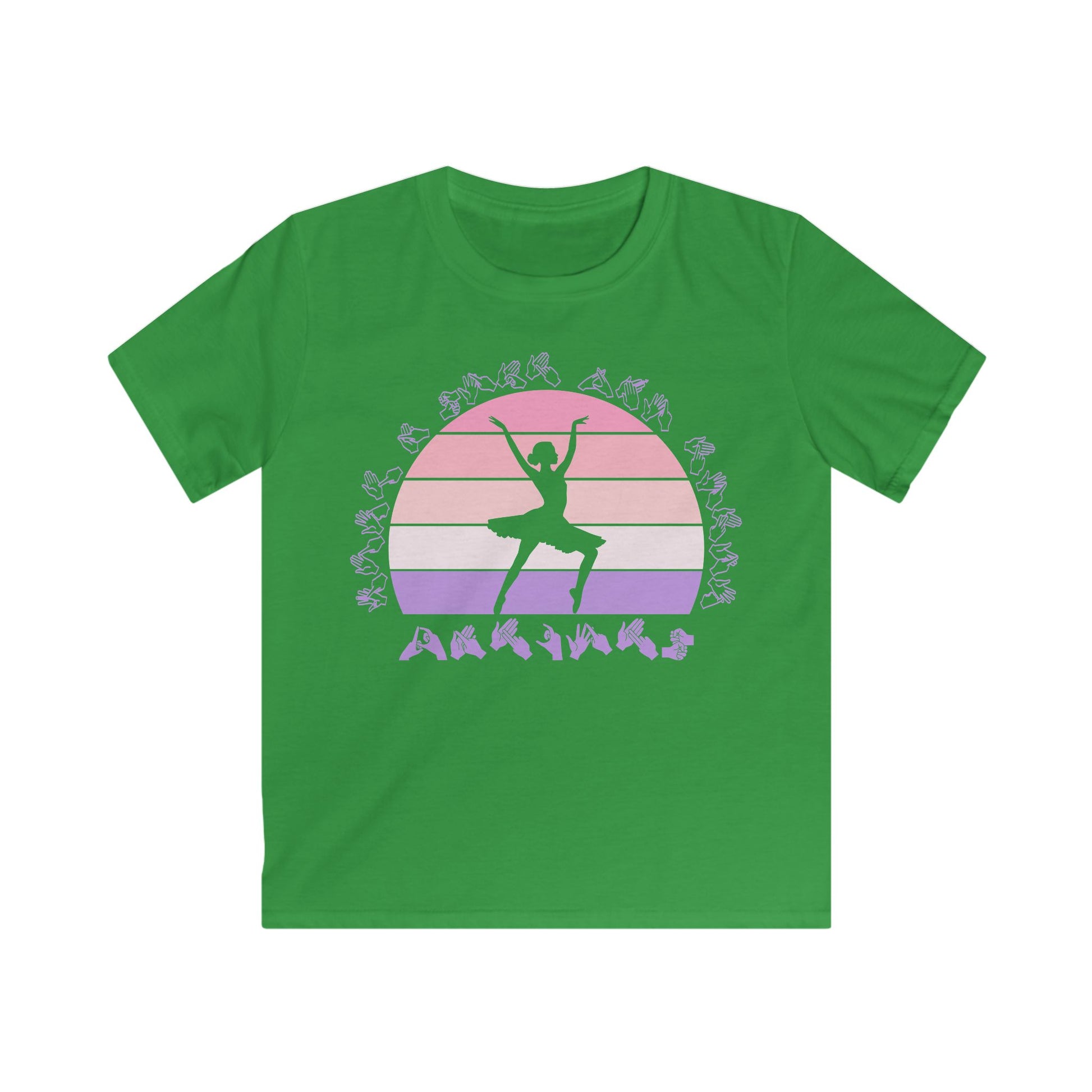 Irish green t-shirt with the phrase "Just a Girl Who Loves Dancing" above a colourful retro sunset and a silhouette of a girl dancing in the centre
