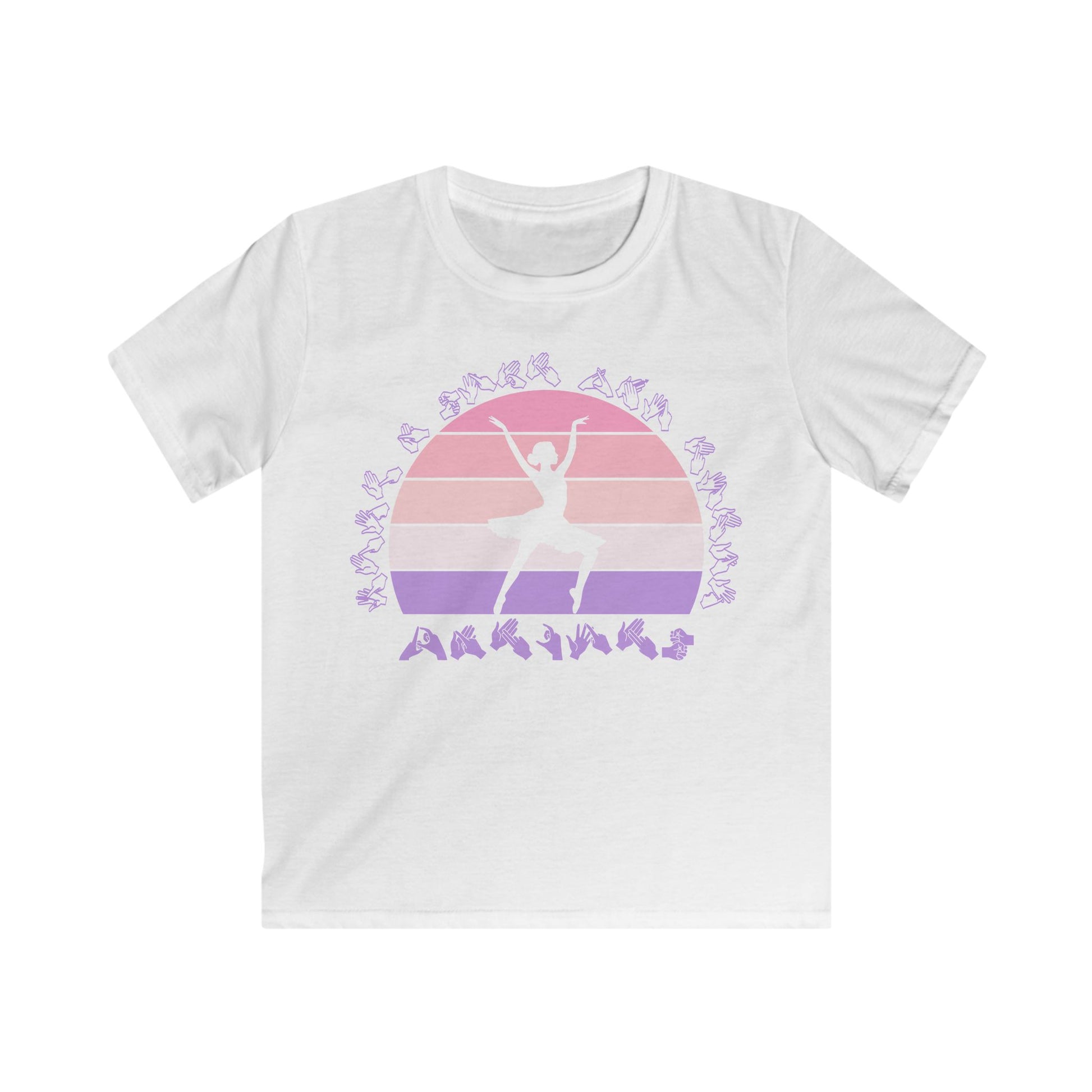 White t-shirt with the phrase "Just a Girl Who Loves Dancing" above a colourful retro sunset and a silhouette of a girl dancing in the centre