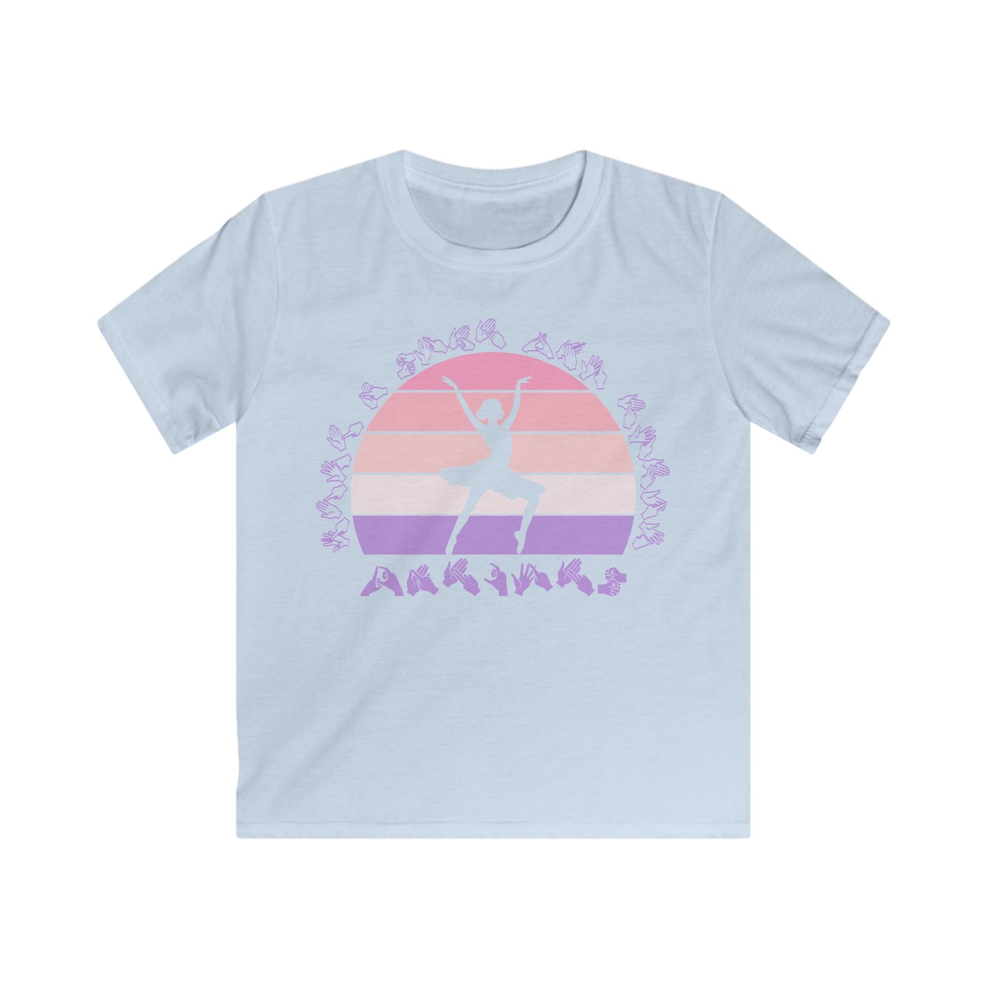 Light blue t-shirt with the phrase "Just a Girl Who Loves Dancing" above a colourful retro sunset and a silhouette of a girl dancing in the centre