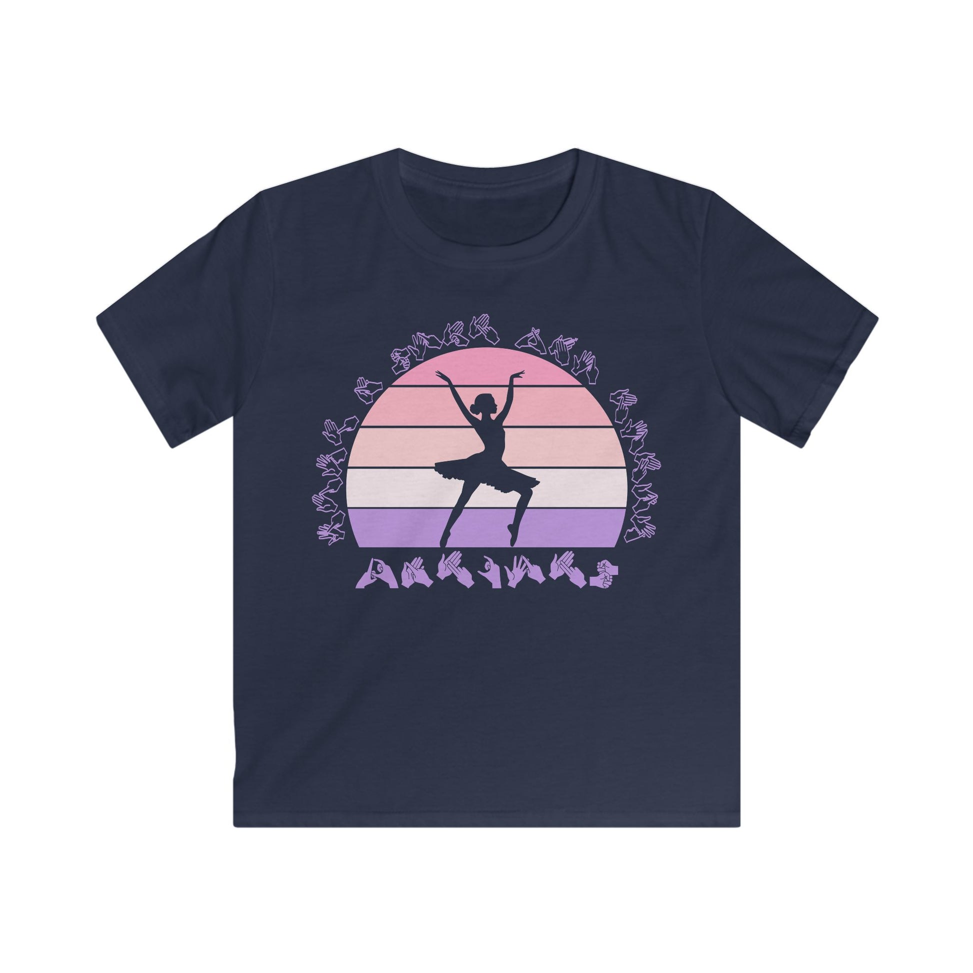 Navy t-shirt with the phrase "Just a Girl Who Loves Dancing" above a colourful retro sunset and a silhouette of a girl dancing in the centre