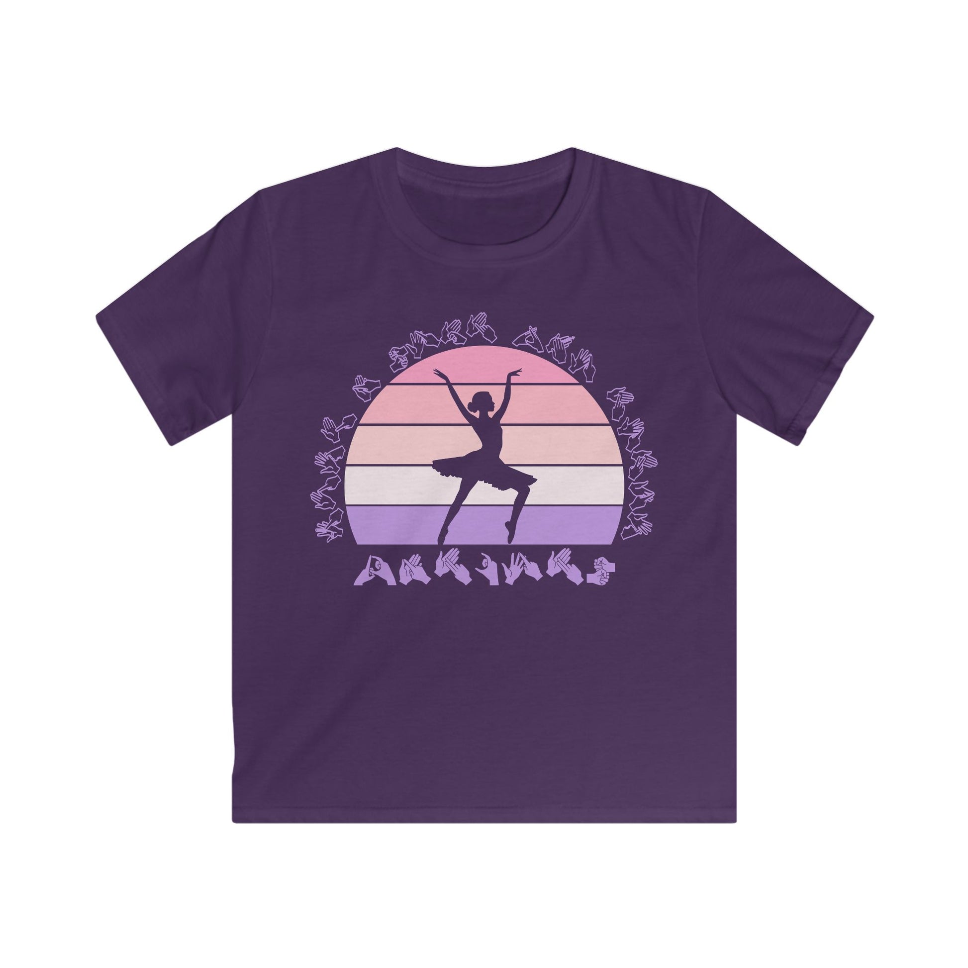 Purple t-shirt with the phrase "Just a Girl Who Loves Dancing" above a colourful retro sunset and a silhouette of a girl dancing in the centre
