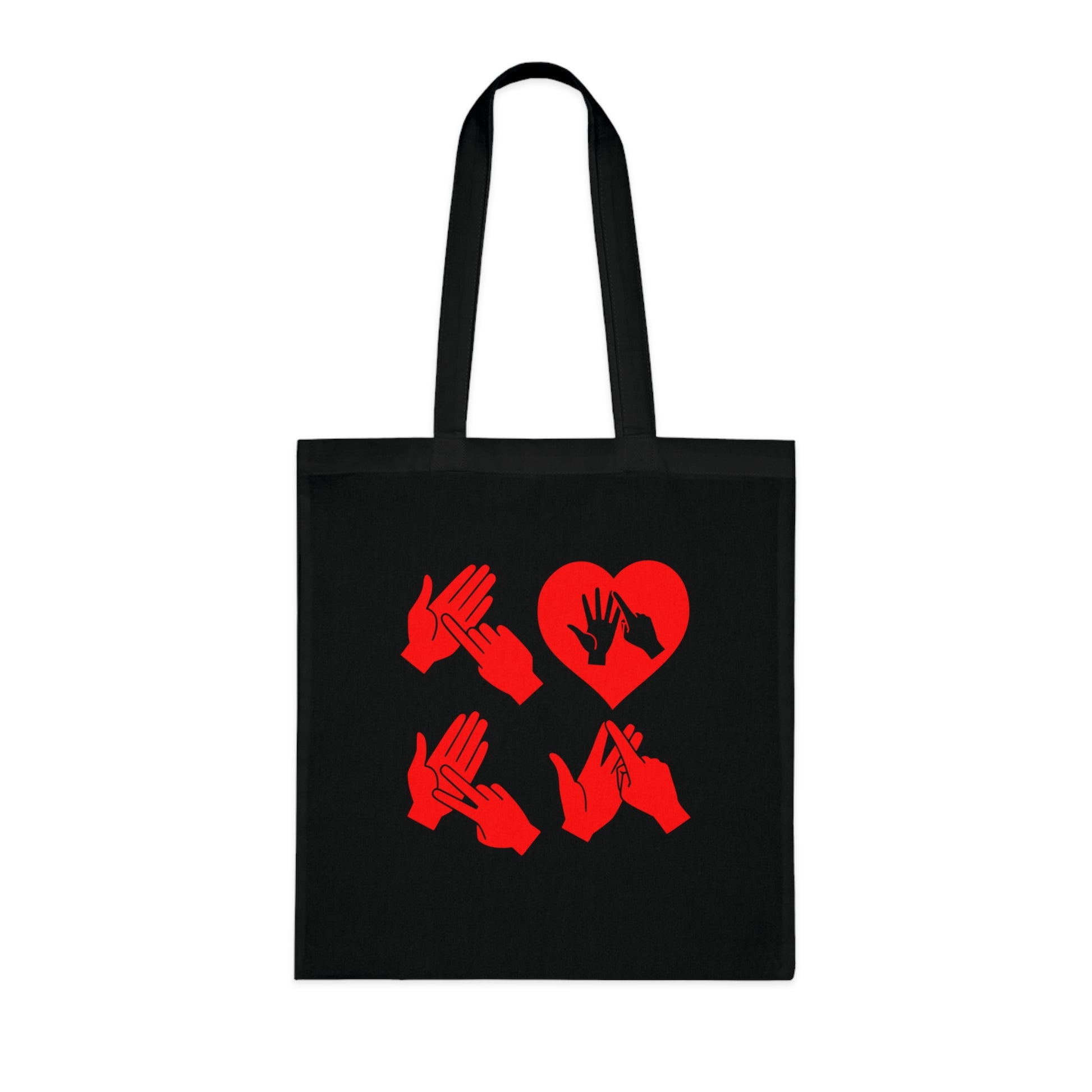 Black Tote Bag with the word Love in red BSL Fingerspelling with the 'O' embedded in a heart shape
