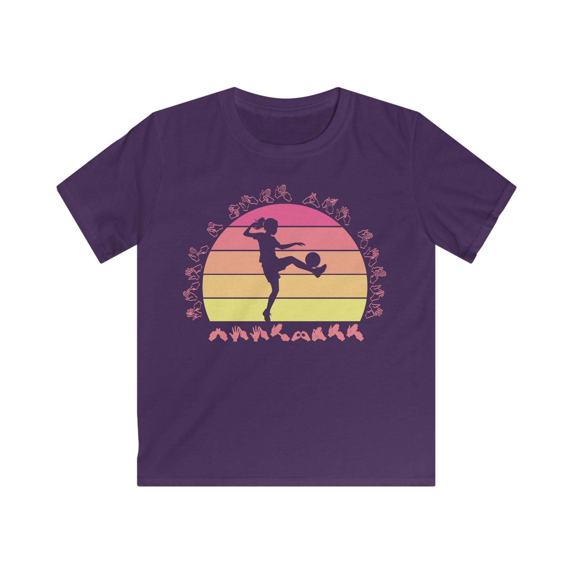 Purple t-shirt with the phrase "Just a Girl Who Loves Football" in BSL Fingerspelling featuring a colourful retro sunset and a silhouette of a boy kicking a football.