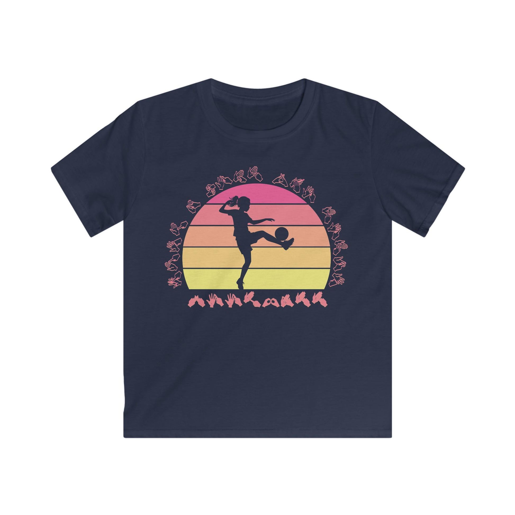 Navy t-shirt with the phrase "Just a Girl Who Loves Football" in BSL Fingerspelling featuring a colourful retro sunset and a silhouette of a boy kicking a football.